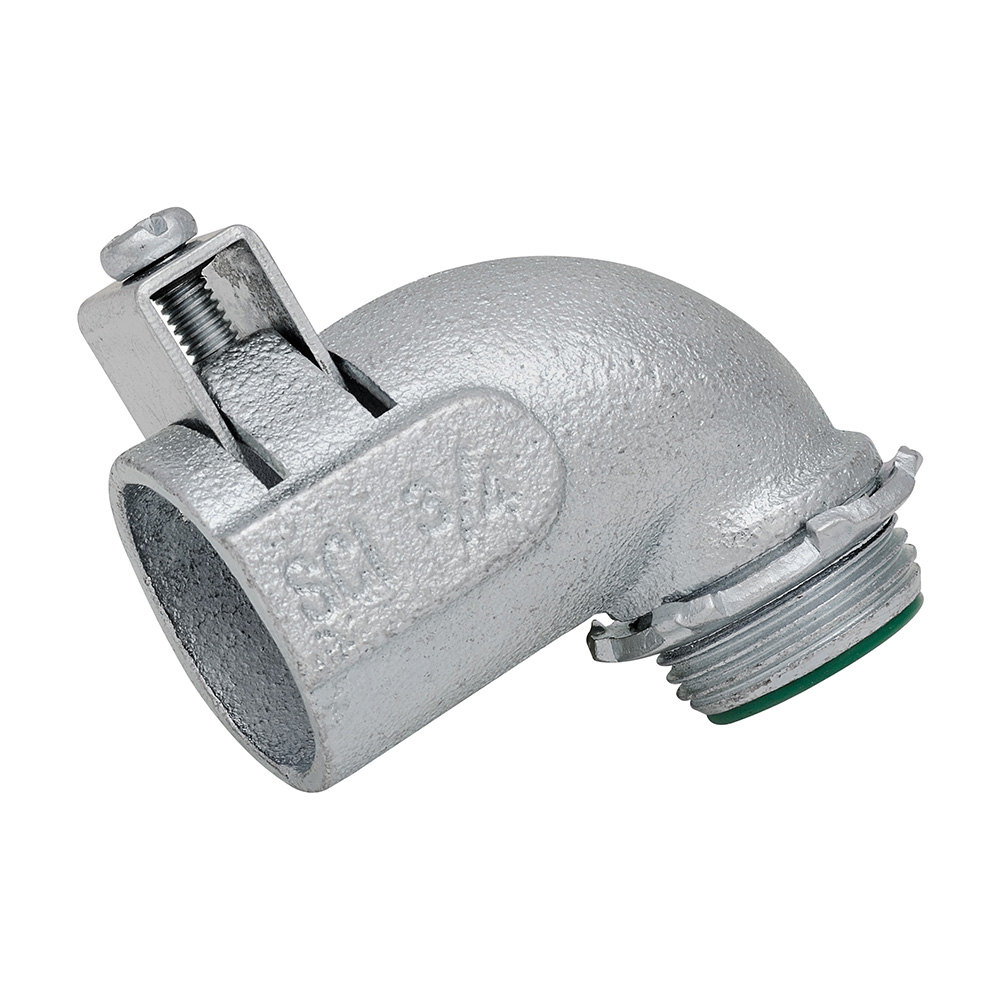 MADISON, 1 90 DBL BITE CONN MALL - INS - DOUBLE BITE SADDLE CONN 90'S TO CONNECT FLEX, AC & MC CABLE DUAL GRIPPING SADDLE CLAMPS CONNECTS ALUM. AC, MC & FLEX MCAP CABLES TO BOX OR ENCLOSURE MALLEABLE IRON ZINC PLATED MEETS UL514B, UL467, NEMA FB-1 TO CONNECT FLEX, AC, MC, & MC1 CABLES TO OUTLET BOXES DUAL GRIPPING SADDLE CLAMPS