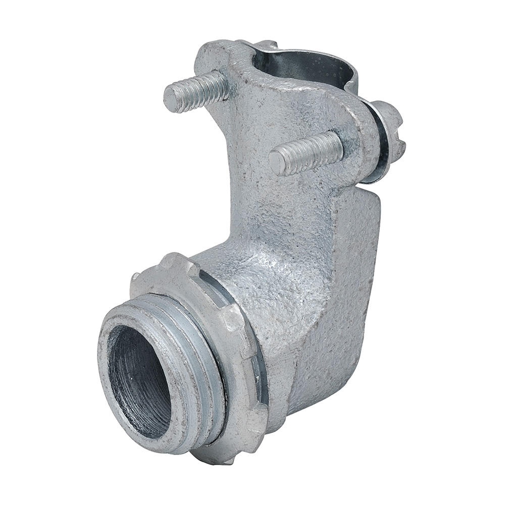 MADISON, 4 MALL 90 ANGLE CONN - 90 SQUEEZE CONN, MALL IRON FOR CONNECTING FLEX CONDUIT TO BOX CONNECTS FLEXIBLE METAL CONDUIT TO BOX OR ENCLOSURE MALLEABLE IRON, ZINC PLATED MEETS UL514B FEDERAL SPEC W F 406E, NEMA FB-1 90 DEGREE ANGLE