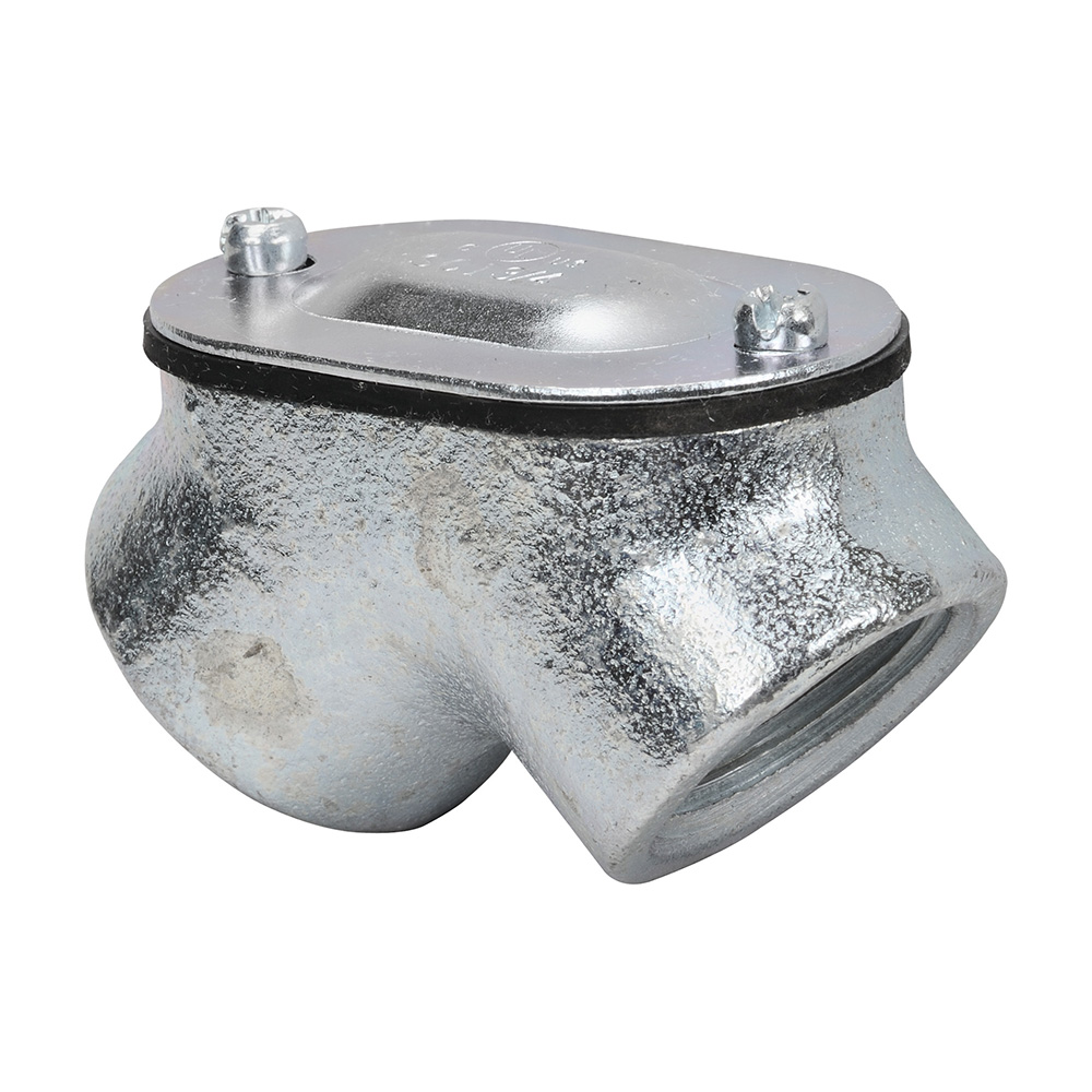 MADISON, 3/4 MALL PULL ELBOW RGD/RGD - MALL RIGID TO RIGID PULL ELBOW FOR RIGID TO BOX CONNECTIONS, CONCRETE-TIGHT, CONNECTS THREADED RIGID/IMC CONDUIT FOR A 90 DEG BEND MALLEABLE IRON, STEEL COVER ZINC PLATED, NEOPRENE GASKET MEETS UL514B, NEMA FB-1 REMOVABLE STEEL COVER FOR WIRE PULLING