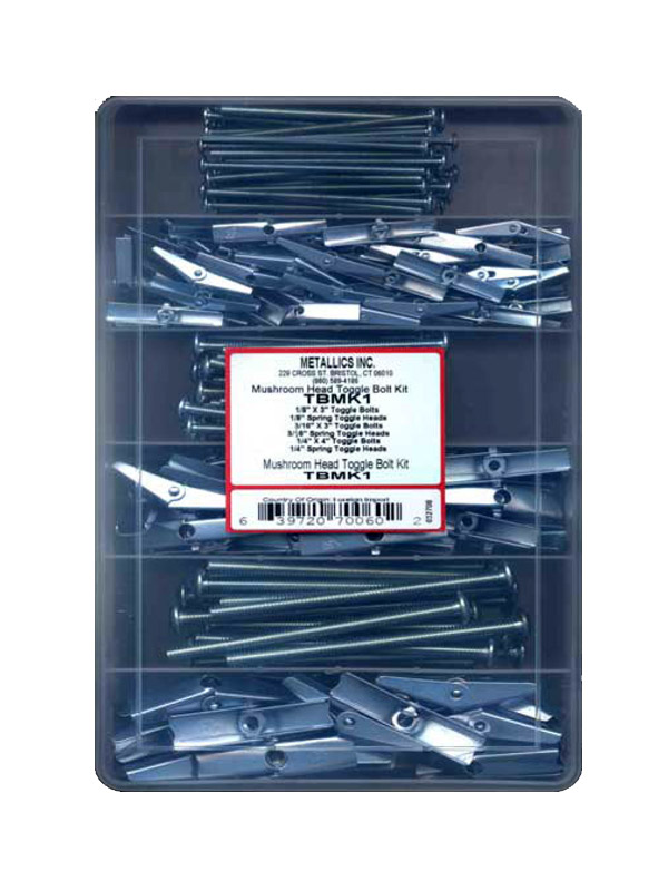 Mushroom Head Toggle Bolt Kit - 210 Pcs - Toggle Bolts & Wings  #6-32 50 pieces each, 10-24 35 pieces each, 1/4-20 20 pieces each