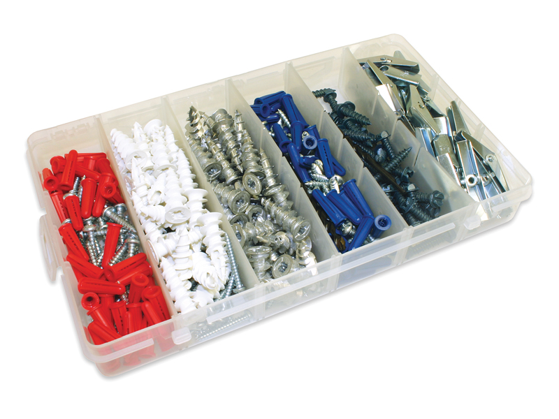 Ultimate Anchor Kit 1, 362 pieces, Plastic Red Anchors, Pan Head Tapping Screws, Masonry Bit, Plastic Self-Drilling Wall Anchors, Pan Head Tap Screws, Zinc Alloy Self-Drill Wall Anchors, 8x1-1/4 Pan Head Tapping Screws, Plastic Blue Anchors, 10x1 Pan Head Tapping Screws, Blue Concrete Screw Anchors, Drill Bit, Spring Wing Toggle Heads, Mushroom Head Screws