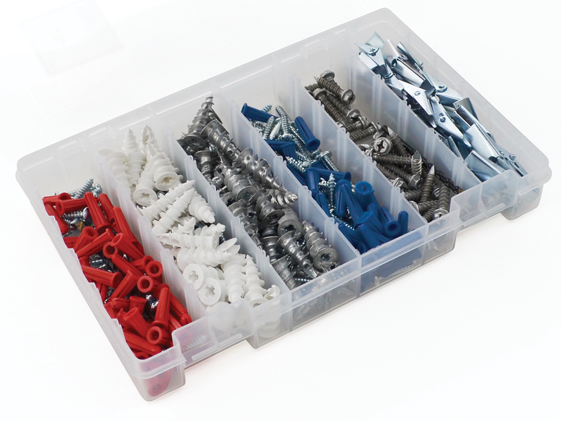 Ultimate Anchor Kit 6, 314 pieces, Plastic Red Anchors, 10x1 Pan Head Tapping Screws, 1/4 x 4 Masonry Drill Bit, Plastic Self-Drilling Wall Anchors, 8x1-1/4 Pan Head Tap Screws, Plastic Blue Anchors, Zinc Alloy Self-Drill Wall Anchors, 3/16 x 3-1/2 Masonry Drill Bit, Truss Head Machine Screws, Spring Wing Toggle Heads