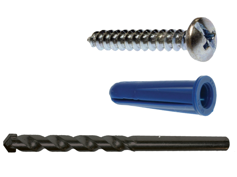Wall Anchor Kit (Jar), 1/4 in. Size, 201 piece(s), Plastic, Blue, including a(n) (100) #10 x 1-1/4 in. Pan Square Drive Screws and (100) 1/4 in. Blue Plastic Anchors and (1) 1/4 in. Masonry Drill
