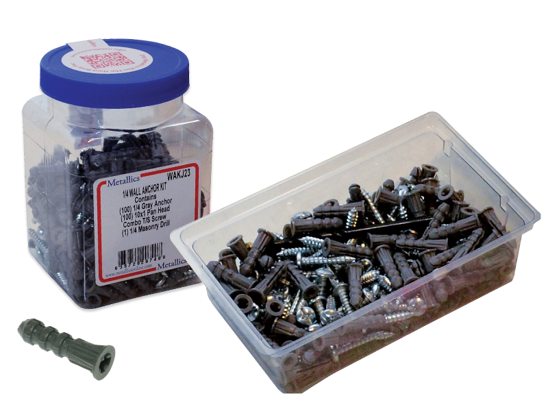 Wall Anchor Kit (Jar), 5/16 in. Size, 101 piece(s), Plastic, Gray, including a(n) (50) #12 x 1-1/4 in. Pan Combo Screws and (50) 5/16 in. Gray Ribbed Plastic Anchors and (1) 5/16 in. Masonry Drill