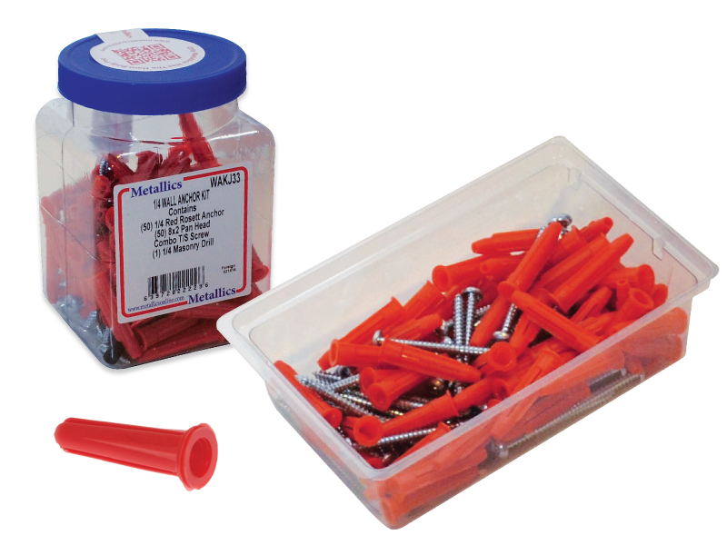 Light Duty Wall Anchor Kit (Jar), 1/4 in. size, 101 piece(s), Nylon material, Red, including a(n) (50) #8 x 2 in. Pan Square Screws and (50) 1/4 in. Red Expandet Nylon Anchors and (1) 1/4 in. Masonry Drill