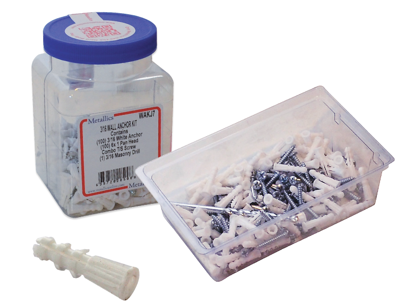 Wall Anchor Kit, 3/16 in. size, 201 pieces, Plastic, White, including a(n) (100) 6 x 1 in. Pan Combo Screws and (100) 3/16 in. Light Duty White Ribbed Plastic Anchors and (1) 3/16 in. Masonry Drill