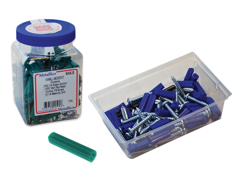 Light Duty Wall Anchor Kit (Jar), 1/4 in. size, 201 piece(s), Vinyl material, Green, including a(n) (100) #10 x 1 in. Pan Combo Screws and (100) 1/4 in. Green Collarless Vinyl Anchors and (1) 1/4 in. Masonry Drill