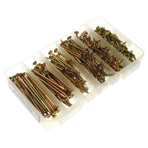 Flat Head Phillips Deck Screw Yellow Zinc Kit, 300 piece, (1) #6 Compartment Box and (80) #6 × 1 IN, (70) #6 × 1-1/4 IN, (60) #6 × 1-5/8 IN, (40) #6 × 2 IN, (30) 8 MM × 2-1/2 IN, (20) 8 MM × 3 in. Deck Screw