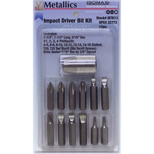 ISOMAX(R) Impact Driver Bit Kit, 13 piece, Hex, Slotted, Phillips, Square tip type