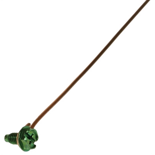 Grounding Pigtail with Screw, Bare Wire, 7 in. length, Green, Copper material, Slotted, Phillips, Dog Point Screw, Hex Washer included, Zinc Coated finish, 100 per box, #14 Size, Steel screw material
