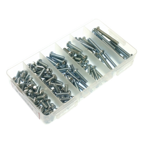 Machine Screw Kit, #8-32 Size, 370 piece(s), Steel material, Round head, Phillips/Slotted drive type, Zinc finish, Plastic box material, including a(n) (100) 1/2 in. Machine Screw, (75) 3/4 in. Machine Screw, (75) 1 in. Machine Screw, (50) 1-1/4 in. Machine Screw, (40) 1-1/2 in. Machine Screw, (30) 2 in. Machine Screw
