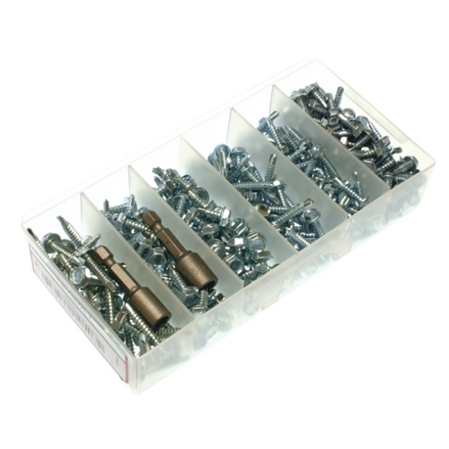 Self Drilling Screw Kit, #8, #10 Size, 305 piece(s), Steel material, Hex Head, Zinc Finish, Self Drill Point, including a(n) (50) #8 x 1/2 in., (35) #8 x 3/4 in., (30) #8 x 1 in. Hex Washer Head Self Drilling Screws and (1) 1/4 in. Nut Setter - MT208B and (100) #10 x 1/2 in., (50) #10 x 3/4 in., (40) #10 x 1 in. Hex Washer Head Self Drilling Screws, and (1) 5/16 in. Nut Setter - MT210B