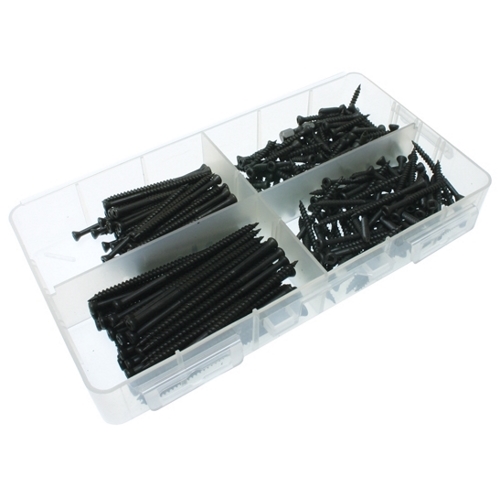 Screw Kit, Trim head, Square drive type, Sharp Point, Fine thread type, Black Phosphate finish, including a(n) (100) #6 x 1 in. Screws and (50) #6 x 2-1/4 in. Screws and (50) #8 x 3 in. Screws and (75) #6 x 1-5/8 in. Screws