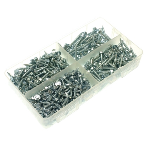 Self Piercing Sheet Metal Screw Kit, #8 Size, 500 piece(s), Steel material, Slotted drive type, Hex head, including a(n) (200) #8 × 1/2 in., (150) #8 × 3/4 in., (100) #8 × 1 in., (50) #8 × 1-1/2 in. Quik-Eze Hex Slotted Screws