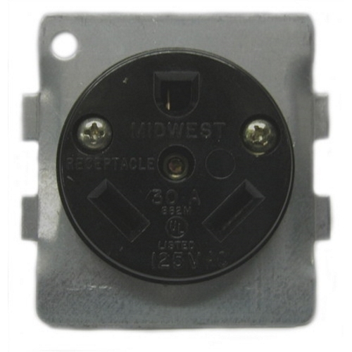 Midwest Electric BR32U Receptacle, 2 Poles, 3 Wires, 30 AMP, 125 V, Black, NEMA TT-30R, Flush Mount, Connection: Side Wired, UL Listed, ANSI C73 13-1972, For Use With C32U Angle Plug