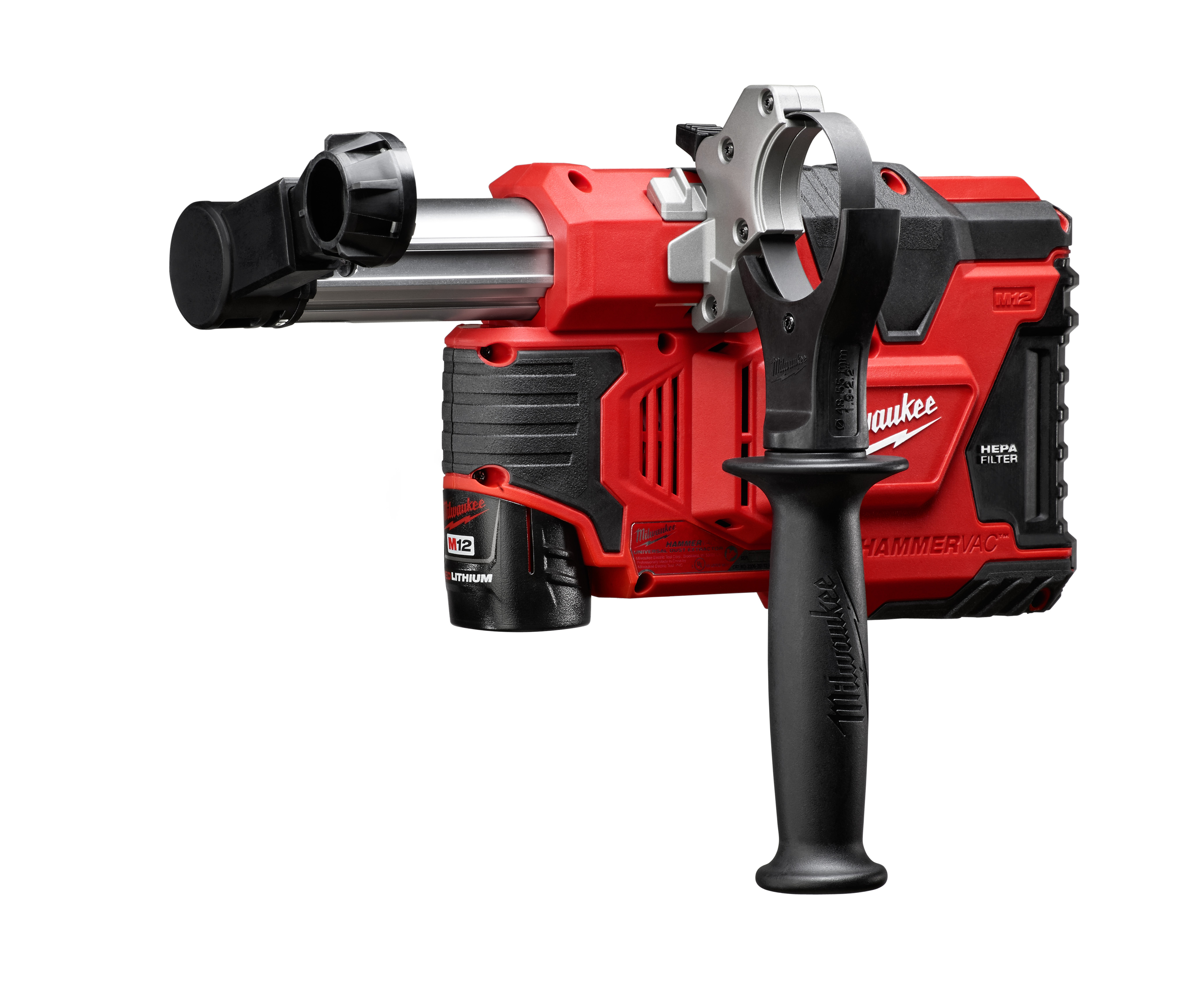 2306-22 045242297696 The only universal tool of its kind on the market, the cordless Milwaukee® M12™ HAMMERVAC™ Universal Dust Extractor Kit delivers HEPA-standard debris filtration at the lowest cost of ownership. The HAMMERVAC’s universal handle system is compatible with major brands of SDS Plus rotary hammers and AC/DC hammer drills, so users can drill safely into concrete and masonry without purchasing a new drill. It features a certified HEPA filter that is replaced independently of the dust box, enabling users to maintain powerful suction at a low cost. In auto-on mode, the extractor turns itself on and off as you work for maximum productivity. Powered by an M12™ Compact REDLITHIUM™ Battery, the HAMMERVAC provides filtration for up to 160 holes on a single charge. For even longer runtime, utilize the M12 XC High-Capacity REDLITHIUM battery (sold separately). The kit includes an M12 Compact REDLITHIUM Battery and Charger, a HEPA filter, nozzle, 3 side-handle clamping collar assemblies and a carrying case. Bullets: Powerful dust extraction: Reduces the potential for silica dust inhalation by user Universal handle system: Compatible with major brands of SDS Plus rotary hammers and AC/DC hammer drills Replaceable certified HEPA filter: Provides high-quality debris filtration at lowest cost of ownership. 97696
