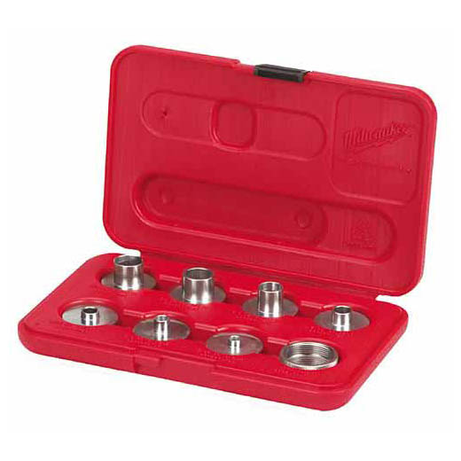 Complete selection of the most popular router template guides. Kit includes seven individual guides, two lock-nuts and a durable plastic carrying case. Each guide is constructed from precisely machined steel for years of reliable, accurate, rust-free template or pattern routing. The universal, lock-nut (1-3/16 in. center hole) design fits Milwaukee and most other popular routers when equipped with a 1-3/16 in. center hole sub-base. Precision-machined steel construction for accuracy and durability.