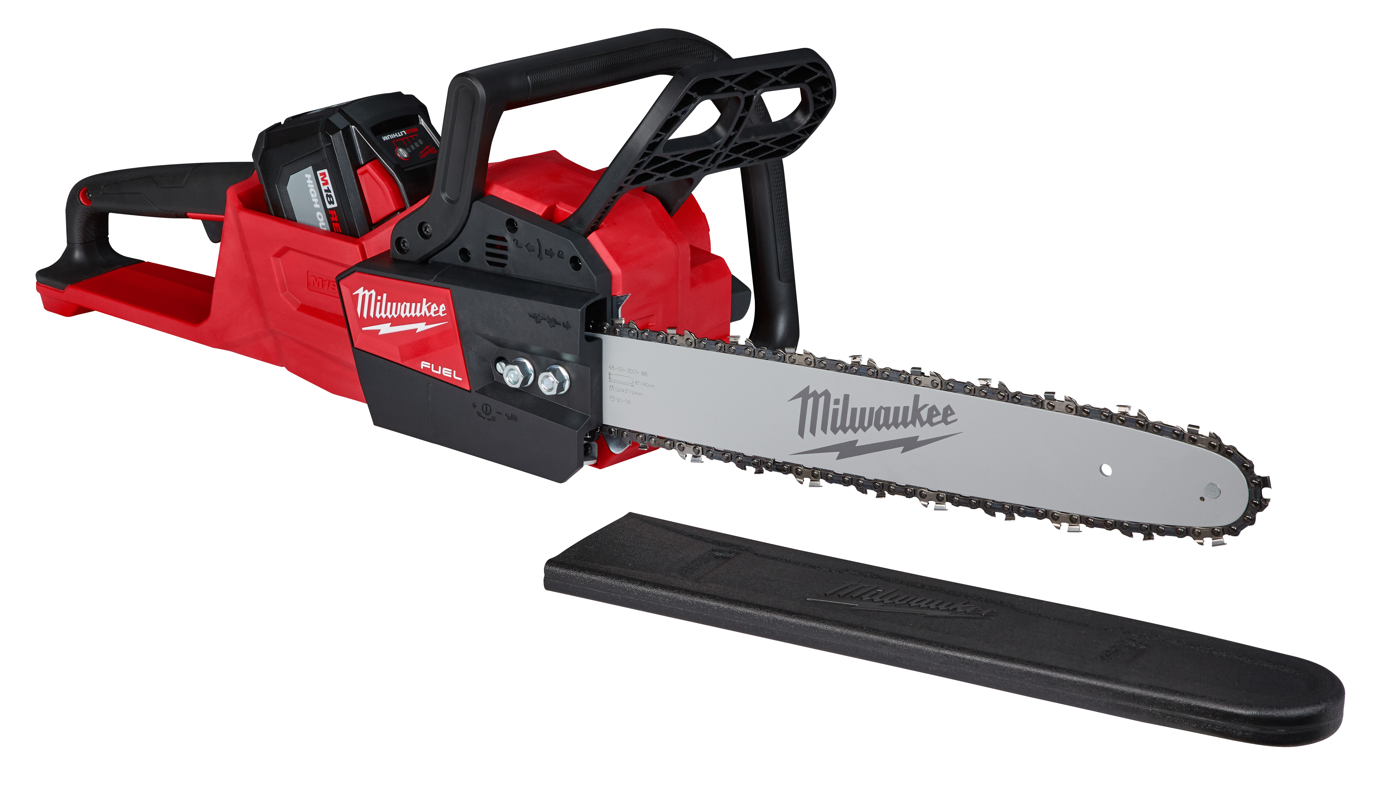 The Milwaukee M18 FUEL™ 16 in. Chainsaw delivers the power to cut hardwoods, cuts faster than gas, and delivers up to 150 cuts per charge. The unit is designed to meet the performance, durability and ergonomic needs of professional landscape maintenance, power utility, and the installed M18 user. The POWERSTATE™ brushless motor maintains speed under heavy loads without bogging down to outperform small gas engines and higher voltage systems. REDLINK Plus™ intelligence ensures maximum performance and protection from overload, overheating and over discharge. The M18™ REDLITHIUM™ HIGH OUTPUT™ HD12.0 battery delivers unmatched run-time in all applications. M18 FUEL™ technology allows the unit to reach full throttle in under 1 second providing ultimate control and productivity.