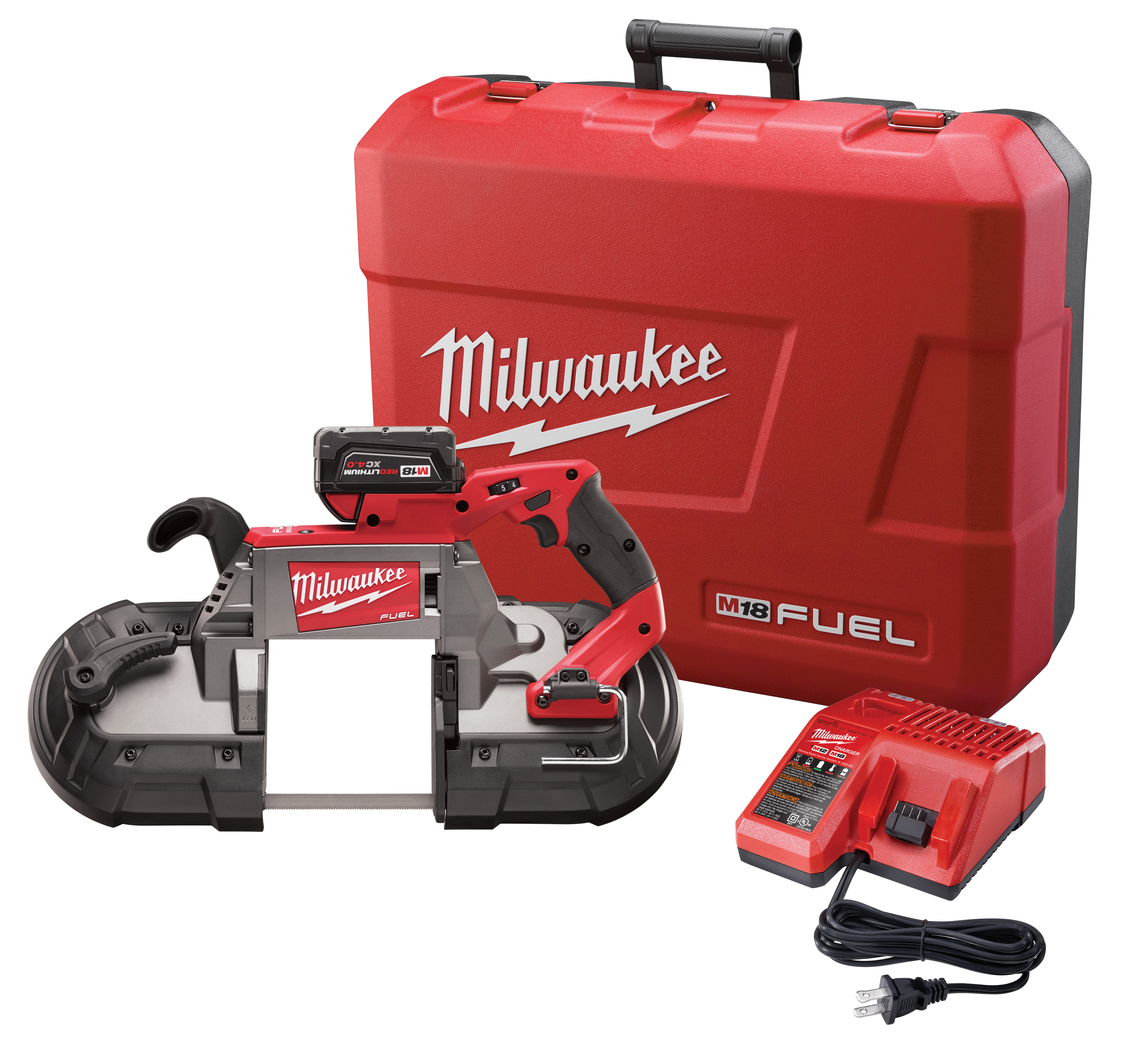 2729-21 045242321582 The M18 FUEL™ band saw cuts faster than its corded counterparts, provides the same legendary durability of a Milwaukee corded band saw, and delivers up to 2X more run time than other cordless options. Utilizing a POWERSTATE™ brushless motor and Constant Power Technology™, the M18 FUEL™ deep cut band saw cuts faster than corded band saws. It also delivers the same legendary durability that has made Milwaukee corded deep cut band saws second to none for decades by utilizing over 90% of the same parts. Equipped with Jobsite Armor Technology™, the tool is better protected from drops and debris with a proprietary composite material and crush zone barriers to absorb impacts. REDLITHIUM™ XC5.0 Battery technology provides up to 2.5X more run-time through superior pack construction, electronics, and more work per charge over the life of the battery than any competitive lithium-ion battery on the market. REDLINK Plus™ intelligence has the most advanced system of cordless power tool electronics, providing optimized performance, electronic clutch, and overload protection using total system communication between tool, battery and charger. The M18 FUEL™ deep cut band saw features a tool-free locking adjustable shoe that can adjust from an extended shoe to no shoe in seconds. Other innovative features include a hang hook for easy storage in-between cuts, LED light to illuminate the cutting area, superior cut visibility, and a balanced body design that allows the tool to rest naturally and comfortably in the user’s hands.