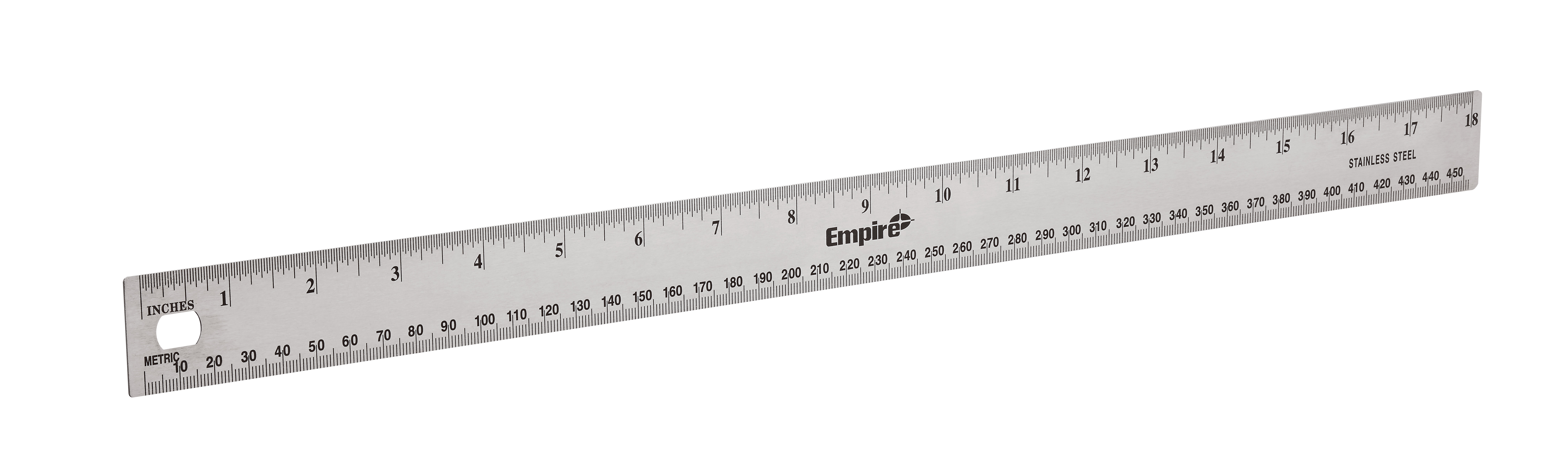 27318 046609273186 The Empire 18 in. Stiff ruler is designed for long-term use. The ruler is crafted with stainless steel for strength and durability and features etched black graduations, allowing measurements to be read more clearly. It also features inch measurements up to 16ths and metric measurements up to millimeters. It has a hanging hole for easy storage.