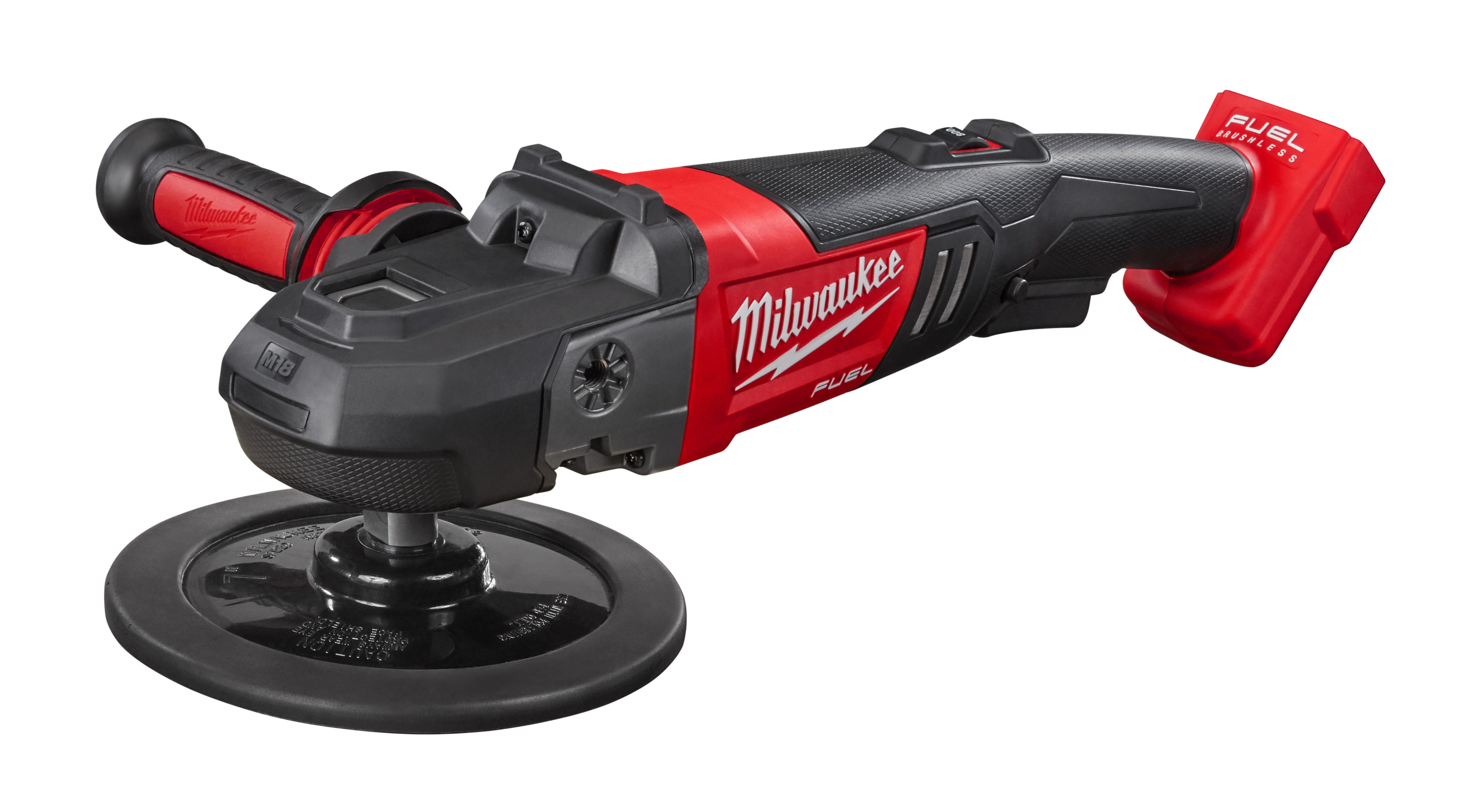 The M18 FUEL™ 7 in. variable speed polisher is the world’s first cordless full-size rotary polisher. By harnessing the power, performance and run-time of M18 FUEL™ technology, this tool delivers corded performance that allows users to power through the most demanding applications. At more than 1 lb lighter than corded, and the ability to deliver total control through a variable speed dial and trigger, the new M18 FUEL™ polisher frees users from the extra work, distractions, paint damage, and inconvenience caused by cords. Paired with M18 XC5.0 batteries, the M18 FUEL™ polisher can complete a full size car on one charge when working on moderate to good paint. The M18 FUEL™ polisher is equipped with a rubber over mold front housing to protect the paint from scratches in use as well as a removable dust cover to protect the motor and electronics from wool fibers and residue. The new tool is designed to distribute more of its weight over the pad, providing natural pressure on the surface area and more comfort to the user while polishing.