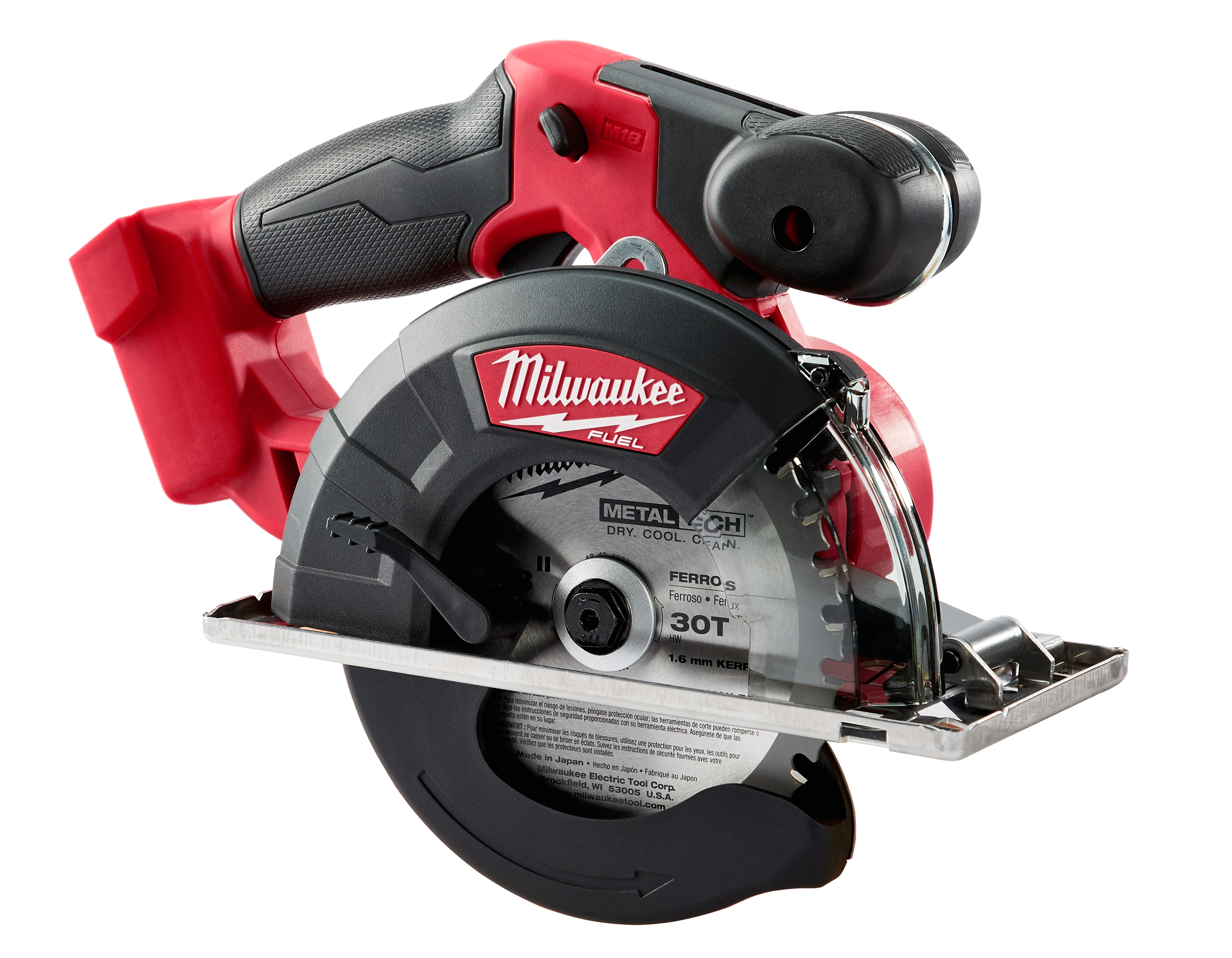 The M18 FUEL™ 5-3/8 in. – 5-7/8 in. metal saw delivers the fastest cuts with the longest tool life and up to 370 cuts in 3/4 in. EMT. This compact and lightweight metal cutting saw utilizes a POWERSTATE™ brushless motor with 3,900 RPMs to deliver the fastest cutting speeds and longest tool life on the market. The metal saw also features REDLINK Plus™ intelligence, the most advanced system of cordless power tool electronics, for maximum performance and unmatched durability. The M18™ REDLITHIUM™ XC5.0 battery pack delivers up to 370 cuts in 3/4 in. EMT which is 1 cut per minute for over 6 hours straight. The Milwaukee M18 FUEL™ 5-3/8 in. – 5-7/8 in. metal saw features a compact, low-profile design for easy handling and increased control. At only 5.9 lbs, this lightweight circular metal saw delivers easier overhead cuts and less user fatigue. The new saw offers an integrated hang hook that allows for easy storage while the tool is not in use. The extra-large cut guide, impact resistant window and LED light ensure superior line of site and the stainless steel shoe reduces chip build-up to prevent surface marring. The 2782 M18 FUEL™ metal saw features a 30T carbide-tipped metal saw blade for cool, burr-free cuts through EMT, strut, threaded rod, sheet metal, angle iron and other ferrous materials. Backed by Milwaukee's 5-year warranty, the 2782-20 comes equipped with a 30T 5-3/8 in. metal tech ™ carbide-tipped metal saw blade and blade wrench.