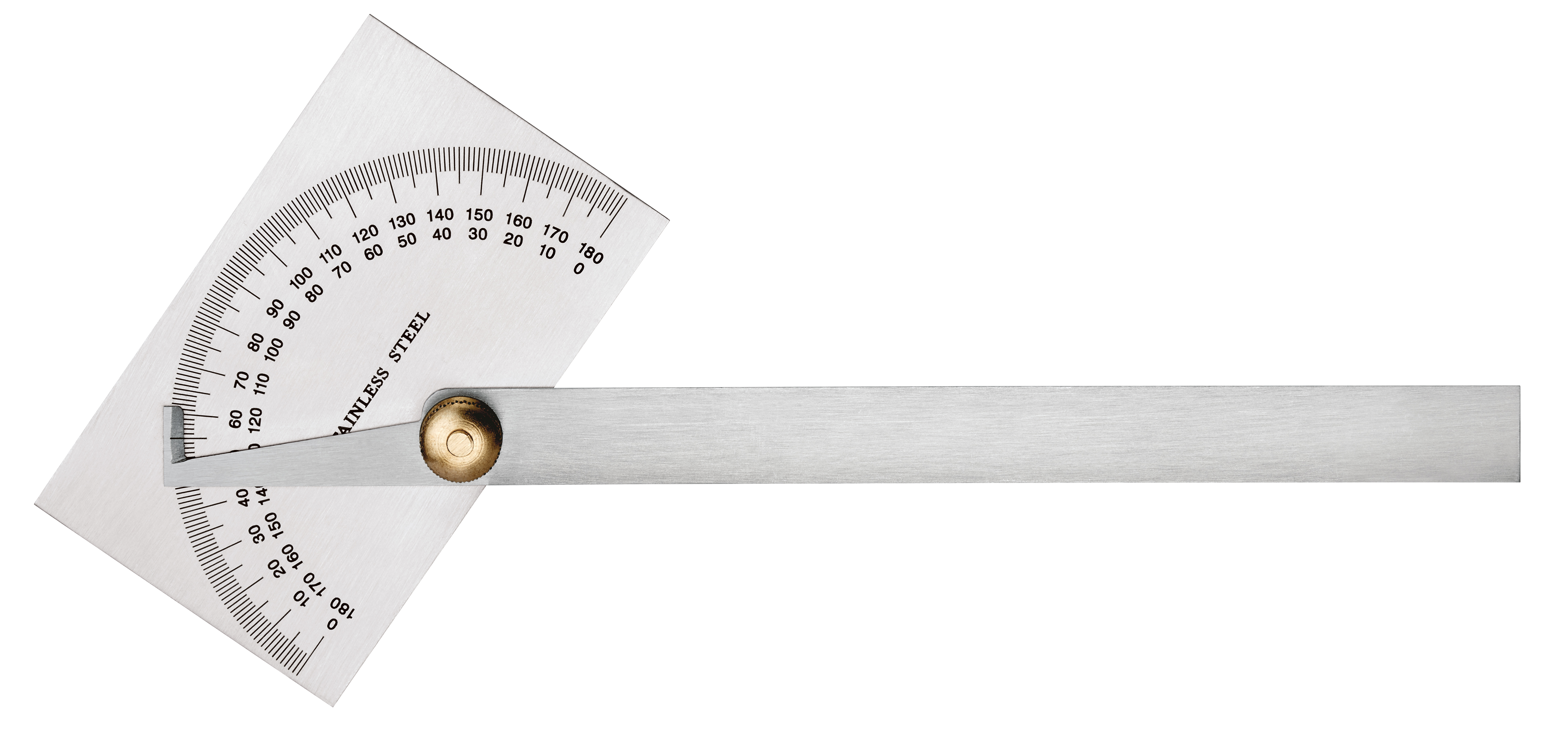 27912 046609279126 This stainless steel protractor is 6 in. long and has a square head. It measures from 0-180 degrees. Use this tool to measure and transfer angles.