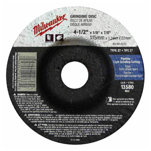 Milwaukee's comprehensive offering of grinding and cutting wheels consists of 45 unique products ranging in diameters from 4-1/2 in. to 14 in., with arbor configurations of 7/8 in., 20 mm, 1 in. and 5/8 in. to 11. Milwaukee's abrasive offering is manufactured using three types of abrasive grains, aluminum oxide, silicon Carbide, and zirconia alumina, providing products for general purpose to specialized high performance applications.