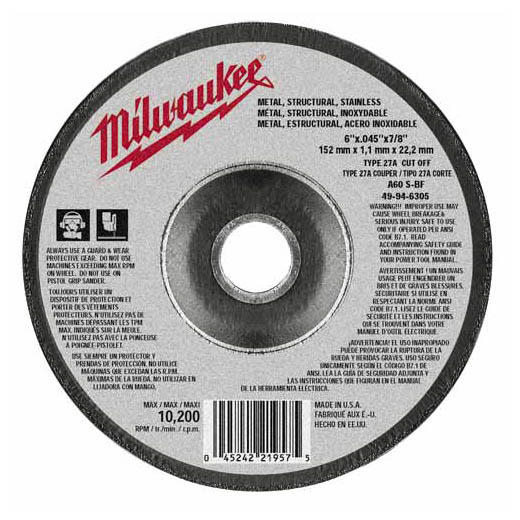 49-94-6305 045242219575 Milwaukee's comprehensive offering of grinding and cutting wheels consists of 45 unique products ranging in diameters from 4-1/2 in. to 14 in., with arbor configurations of 7/8 in., 20 mm, 1 in. and 5/8 in., 11. Milwaukee's abrasive offering is manufactured using three types of abrasive grains, aluminum oxide, silicon Carbide, and zirconium alumina, providing products for general purpose to specialized high performance applications.