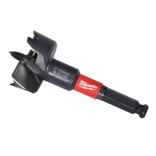 The Milwaukee® 2 in. SWITCHBLADE™ Selfeed bit drills up to 12% faster and delivers up to 2X longer life. Designed for any trade that demands repetitive cutting of large holes in wood, switchblade bits allow you to remove and replace blades rather than resharpen. You get a new bit with every quick, convenient change of the hardened steel blade, and less downtime on the job. An aggressive feed screw design enables the bit to pull through quickly for faster drilling. Built to last and designed to perform, Milwaukee switchblade Selfeed bits deliver more holes for the money.