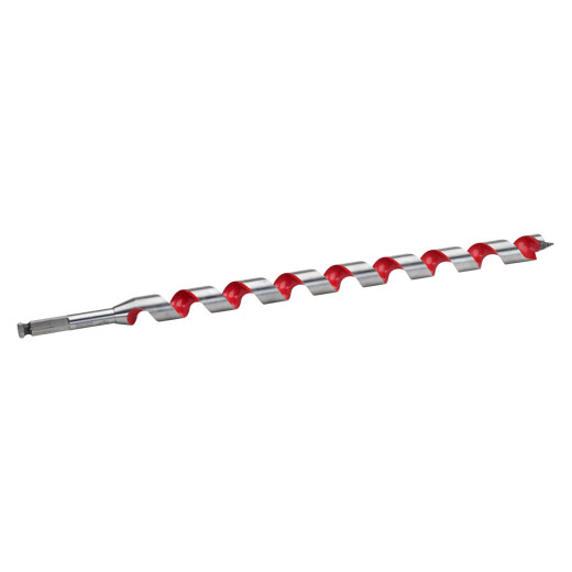 The Milwaukee® 3/4 in. x 18 in. Ship auger bit drills through up to 2X the nails of competitive auger bits without needing resharpening. Drill into clean or nail-embedded wood with confidence when installing Romex wire, PEX water lines, rebar, bolts, and rope in piers, playground equipment and landscaping. The flutes are wider for maximum chip removal, even in deep holes. The polished and coated flute finish means chips won't stick to the bit, even when drilling in material that contains sap or glue. The through-center cutting design creates a more solid striking point against nails compared to the competitions' ahead-of-center and behind-center designs. The longer shaft length makes it easy to drill deeper or overhead without an extension.