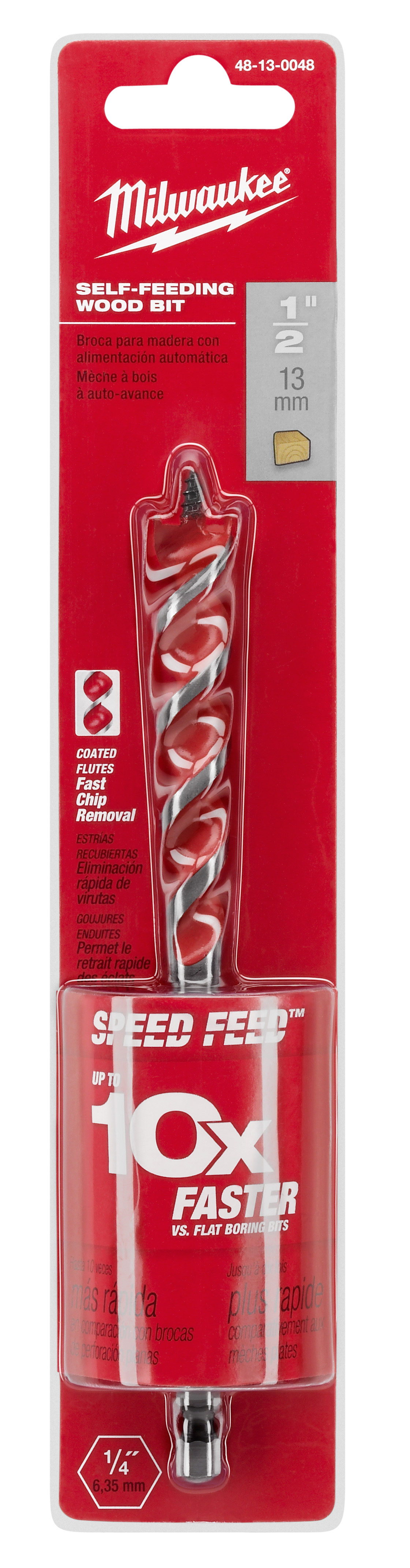 Milwaukee® 1/2 in. x 6 in. SPEED FEED™ wood bits let you drill up to 10X faster than flat boring bits. These self-feeding wood bits feature double wing spurs for drilling fast holes in clean wood. The feed screw and dual cutting edges permit fast cutting of clean holes that are ideal for feeding wire or bolts.