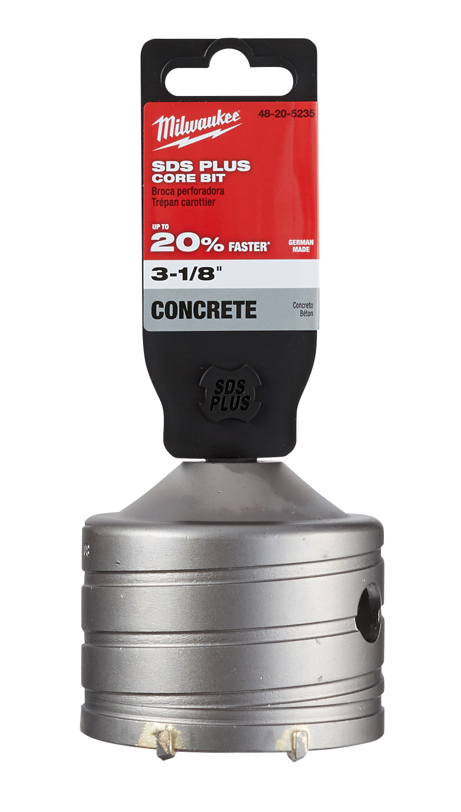 48-20-5235 045242486397 Milwaukee® SDS-Plus masonry core bits are ideal for drilling large holes in brick, block, and concrete with SDS-Plus rotary hammers. Asymmetrical Carbide teeth break up material more effectively resulting in up to 20% faster drilling speeds. Centering bits allow for easy alignment of the hole and precise spot drilling. The versatile two-piece design allows users to drill with several different core bit sizes using one adapter. The spiral core body design minimizes friction in the hole and aids in dust removal during the application. Core bits cut with the outer edge only, therefore the operator must remove the inner core continue drilling for holes deeper than 2 in.