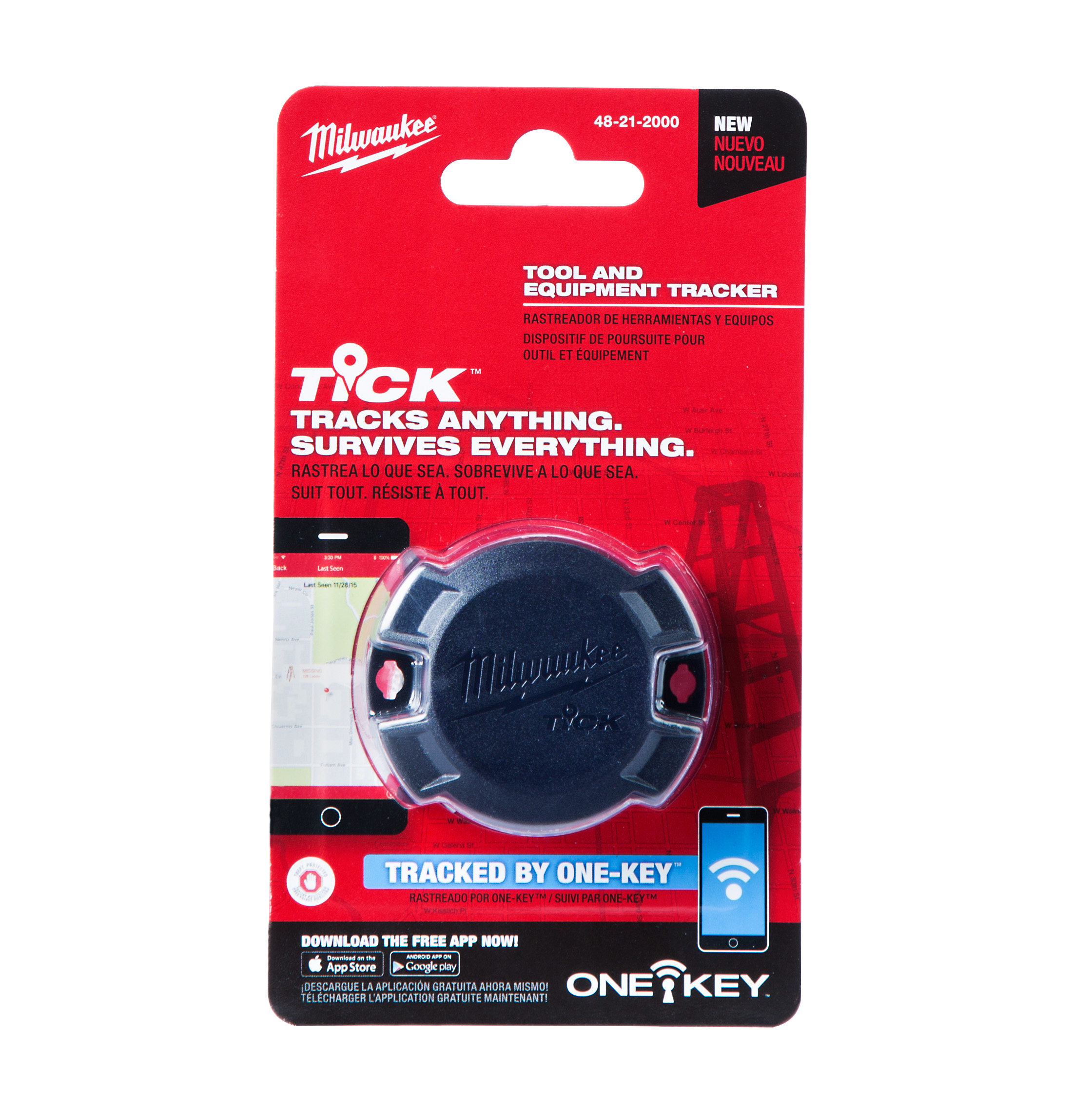 48-21-2000 045242493821 The Milwaukee® Tick™ tool and equipment tracker is the most versatile Bluetooth® tracker on the market. With multiple attachment options and a low profile design, users can glue, screw, rivet or strap the Tick™ on anything. Weather, water and dust proof ratings ensure that the Tick™ tool and equipment tracker will survive every environment. Powered by a coin cell battery that provides over 1 year of runtime, the Tick™ will reliably provide tracking beacons anytime, anywhere. Receive low battery, service reminders and missing tool notifications through the ONE-KEY™ app. Location services powered by the ONE-KEY™ app.