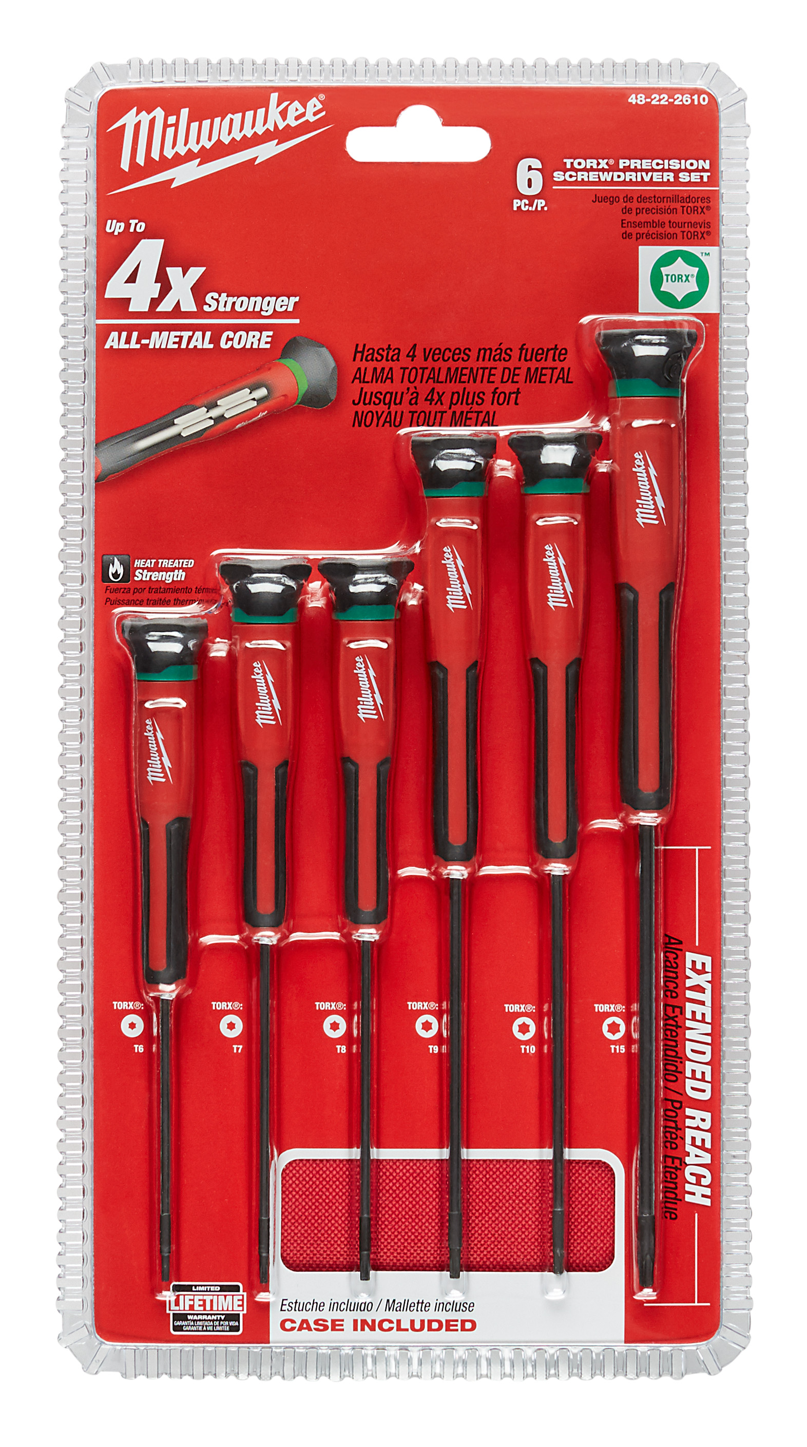 48-22-2610 045242338115 Milwaukee precision screwdrivers feature and all-metal core for up to 4X strength. Precision machined tips provide secure fitments and long life. The extended reach design and longer shanks deliver improved visibility and reach. 360-degree rotating back caps offer greater control, driving ability, and tuning. Additionally, color coded markings allow users to easily ID tools on the jobsite. Chrome plated shanks increase tool life by reducing corrosion and providing superior rust protection.