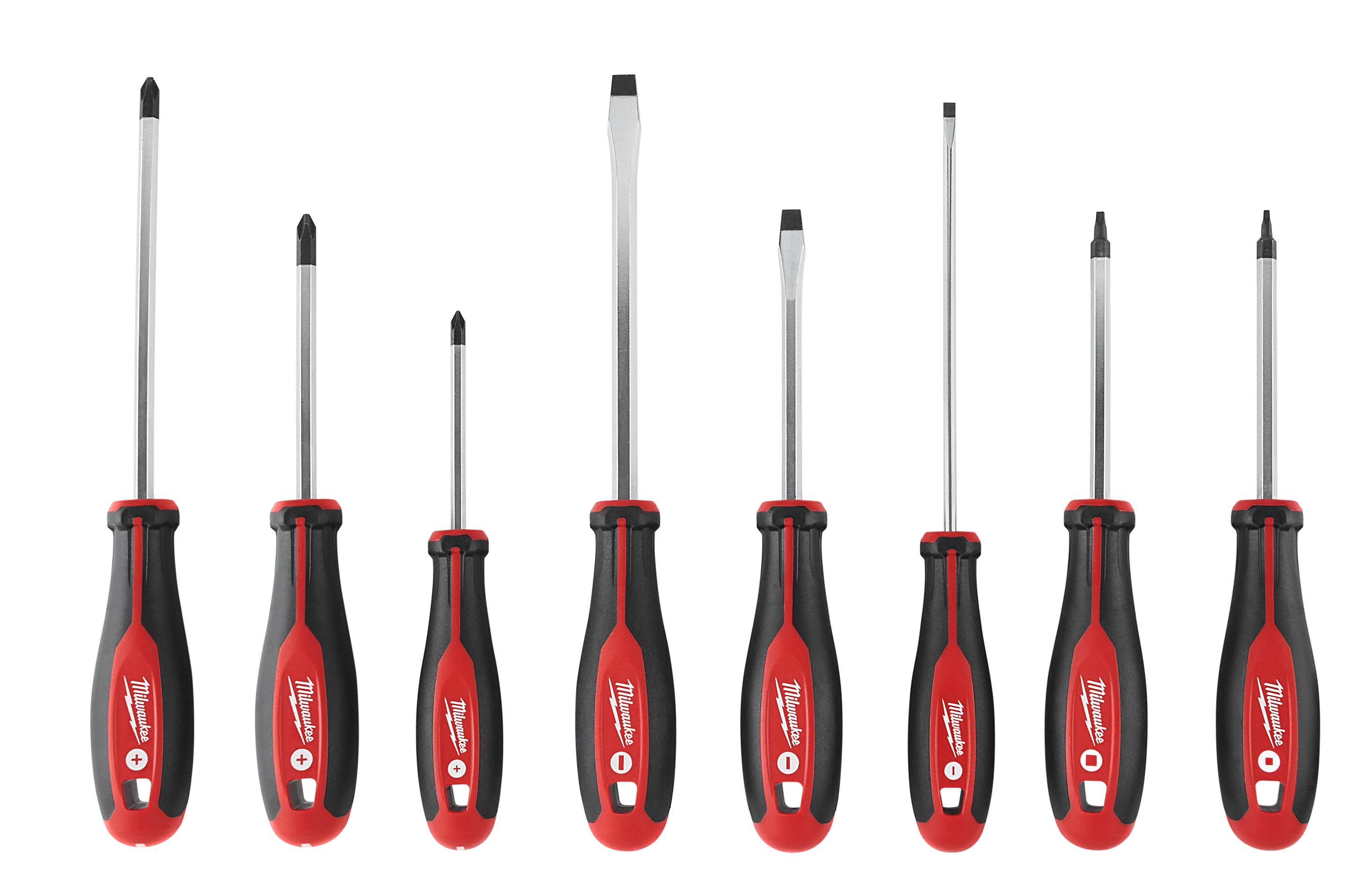 Featuring hardened tips & forged shanks the Milwaukee® 8 piece screwdriver set provides professional grade solutions and durability to the user. Bit types are marked on the cap of each tool for quick identification and increased efficiency. The comfortable tri-lobe handle allows users to comfortably apply more leverage.