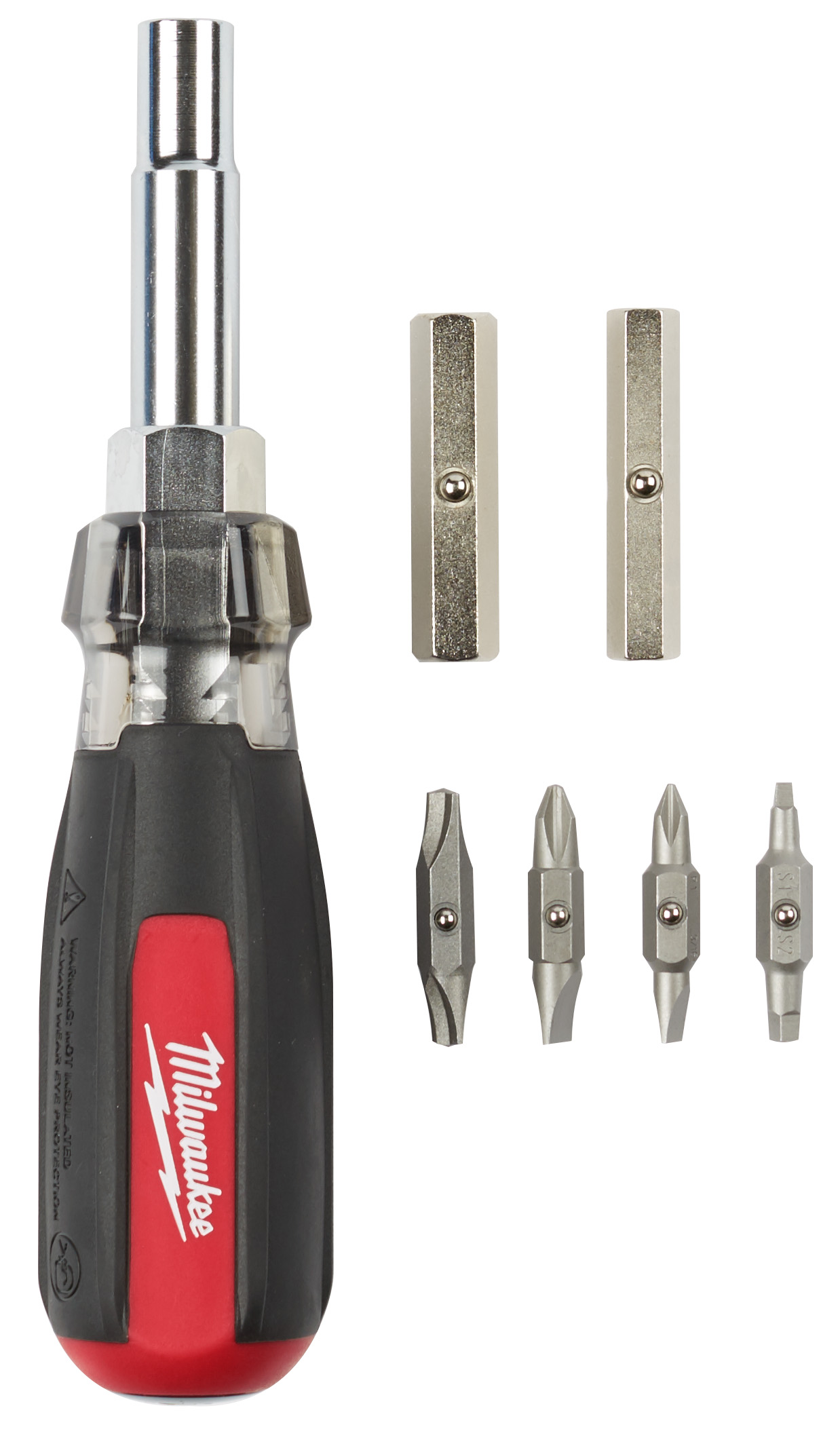 The Milwaukee 13 in. 1 cushion grip screwdriver features 13 unique functions, ultimately reducing the number of tools a user must carry. The 13-in-1 screwdriver includes the 8 bits and 4 nut drivers most requested by professionals. The bit prevents bit wear from hardened screws and extends bit life when fastening specialty screws found in electrical boxes, conduit couplers, outlets and other common job site fixtures. The tri-material cushion grip handle offers best-in-class durability and will not peel. Covered by Milwaukee's Limited Lifetime Warranty.