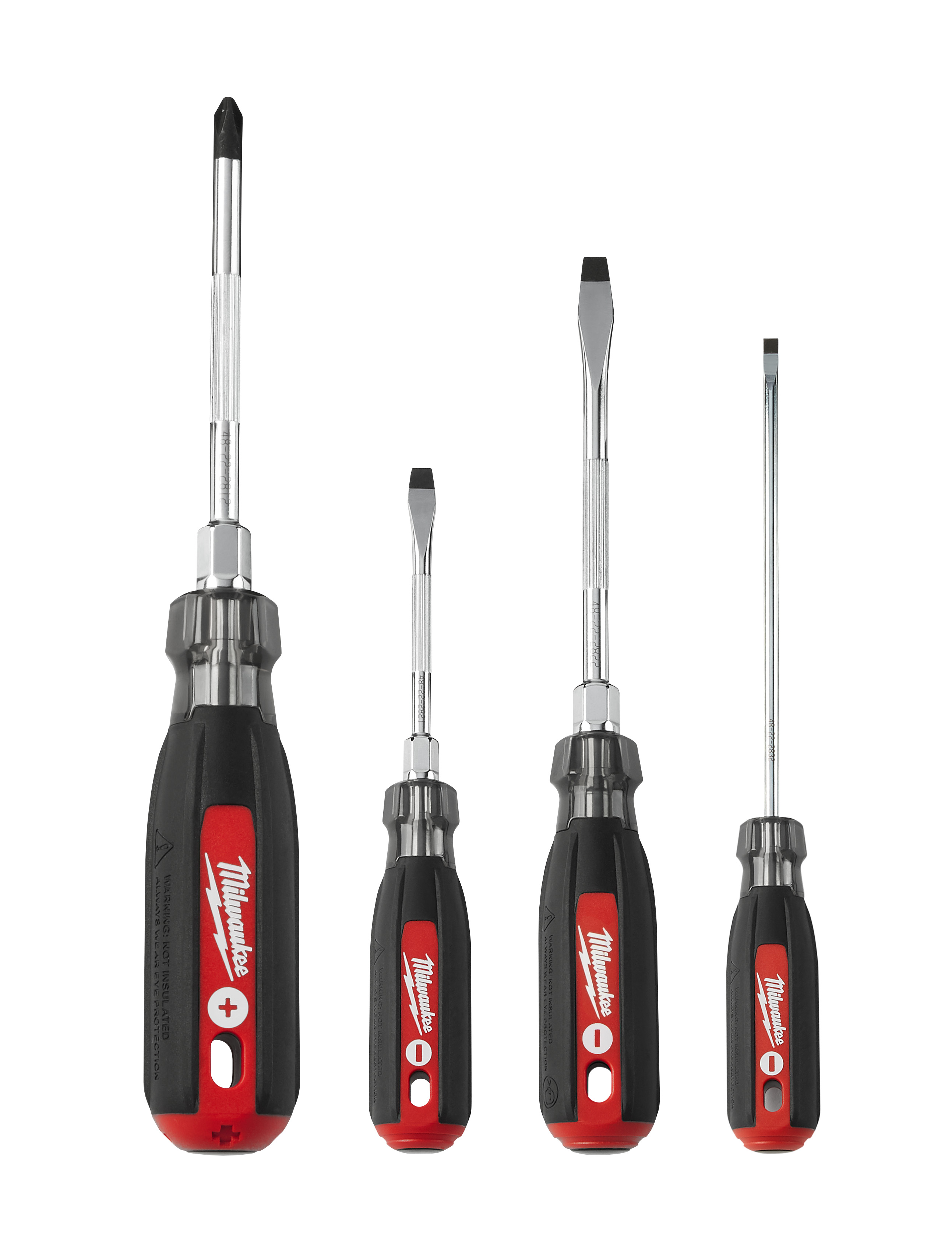 Featuring hardened tips & forged shanks the Milwaukee® 4 piece cushion grip screwdriver set provides professional grade solutions and durability to the user. The wrench-ready bolster and precision knurling offers users the features needed to increase efficiency and effectiveness. The durable handles feature an anti-peel design.