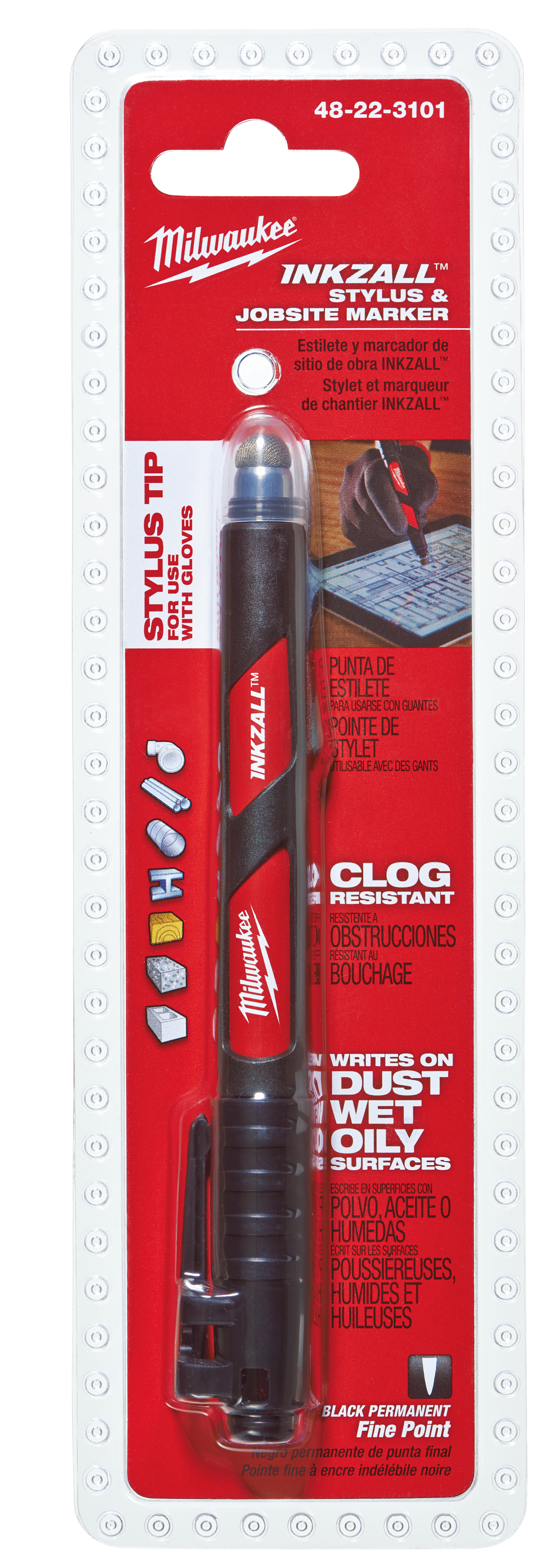 48-22-3101 045242297436 The INKZALL™ jobsite stylus and marker is designed for using touch screen devices like ipms and phones while a user is wearing gloves. It features clog resistant tips and the ability to write through dusty, wet or oily surfaces. The durable marker tips are designed for writing on rough surfaces such as OSB, cinder block and concrete and the ink dries quickly to reduce smearing markings, without drying out quickly when the cap is left off. For added user convenience, the INKZALL™ markers have a built-in hard hat clip for easy storage and access. INKZALL™ markers confirm to Milwaukee's commitment to best-in-class durability and their relentless mission to provide innovative solutions to the end user.