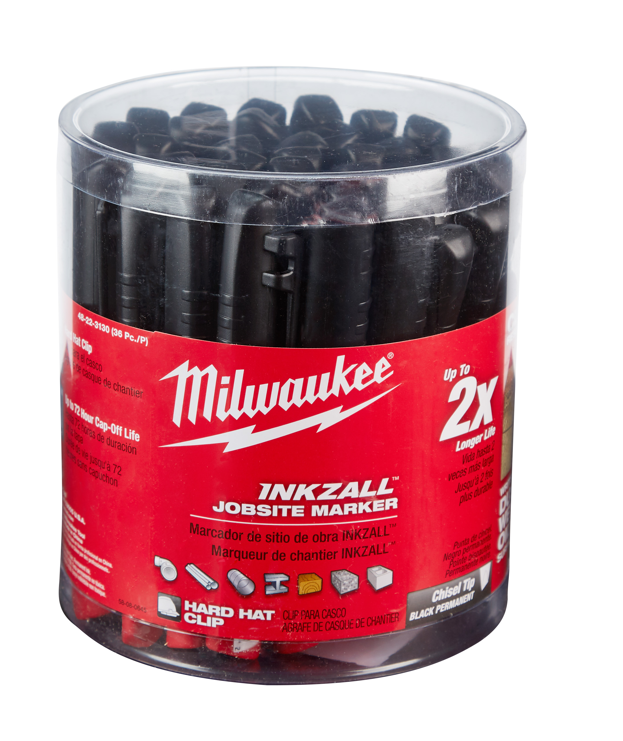 The Milwaukee INKZALL permanent markers are optimized for jobsite conditions. The durable tip is designed to withstand writing on rough surfaces such as OSB, cinder block and concrete, and writes through dusty, wet or oily contamination. The hard hat clip is designed to clip onto the brim of hard hats for easy access.