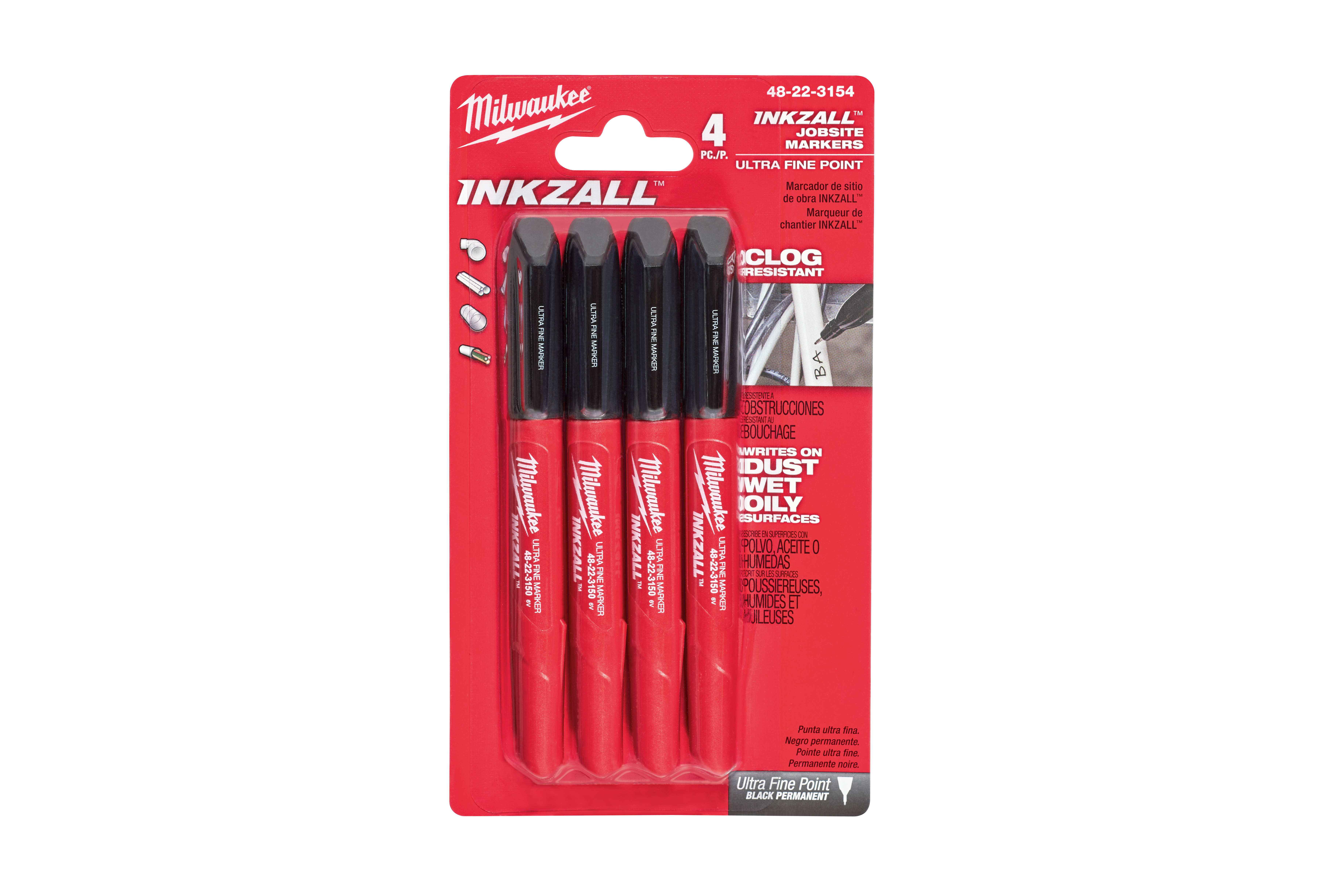 Milwaukee® INKZALL™ Ultra Fine Point Markers are optimized for jobsite conditions. The durable tip is designed to withstand writing on rough surfaces and writes through dusty, wet, or oily contamination. The hard hat clip is designed to clip onto the brim of hard hats for easy access. The Ultra Fine Point delivers 0.5mm markings for precise writing. Bullets: Clog resistant tip Quick dry time Anti-roll design Pocket clip Lanyard clip Long cap off life. 79764