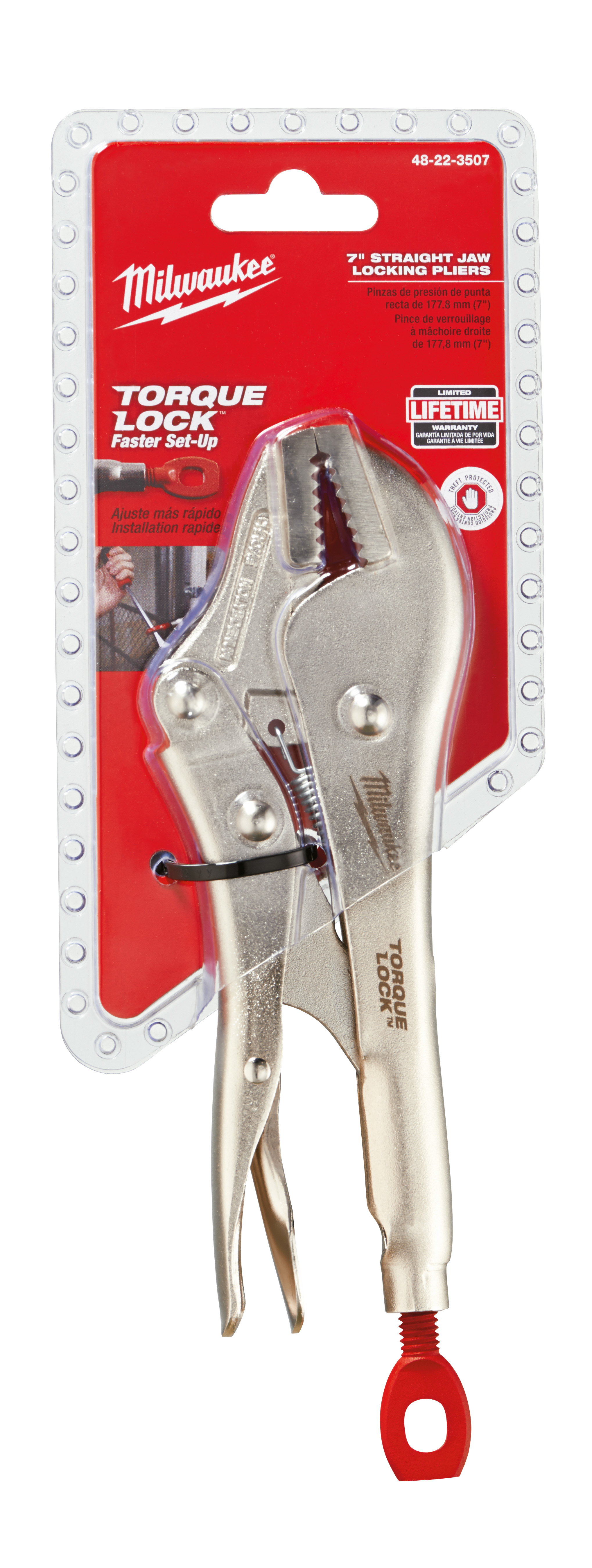 The MILWAUKEE® 7-inch TORQUE LOCK™ Straight Jaw Locking Pliers provides users with faster tool setup and more locking force. The locking pliers' unique thumb screw provides users with a more convenient geometry for hand force while providing clearance to generate more torque with the screwdriver through-hole design. The pliers are made from forged alloy steel for maximum durability with hardened jaws for increased gripping power, perfect for the toughest of jobsites. Milwaukee offers a Limited Lifetime Warranty with all locking tools.