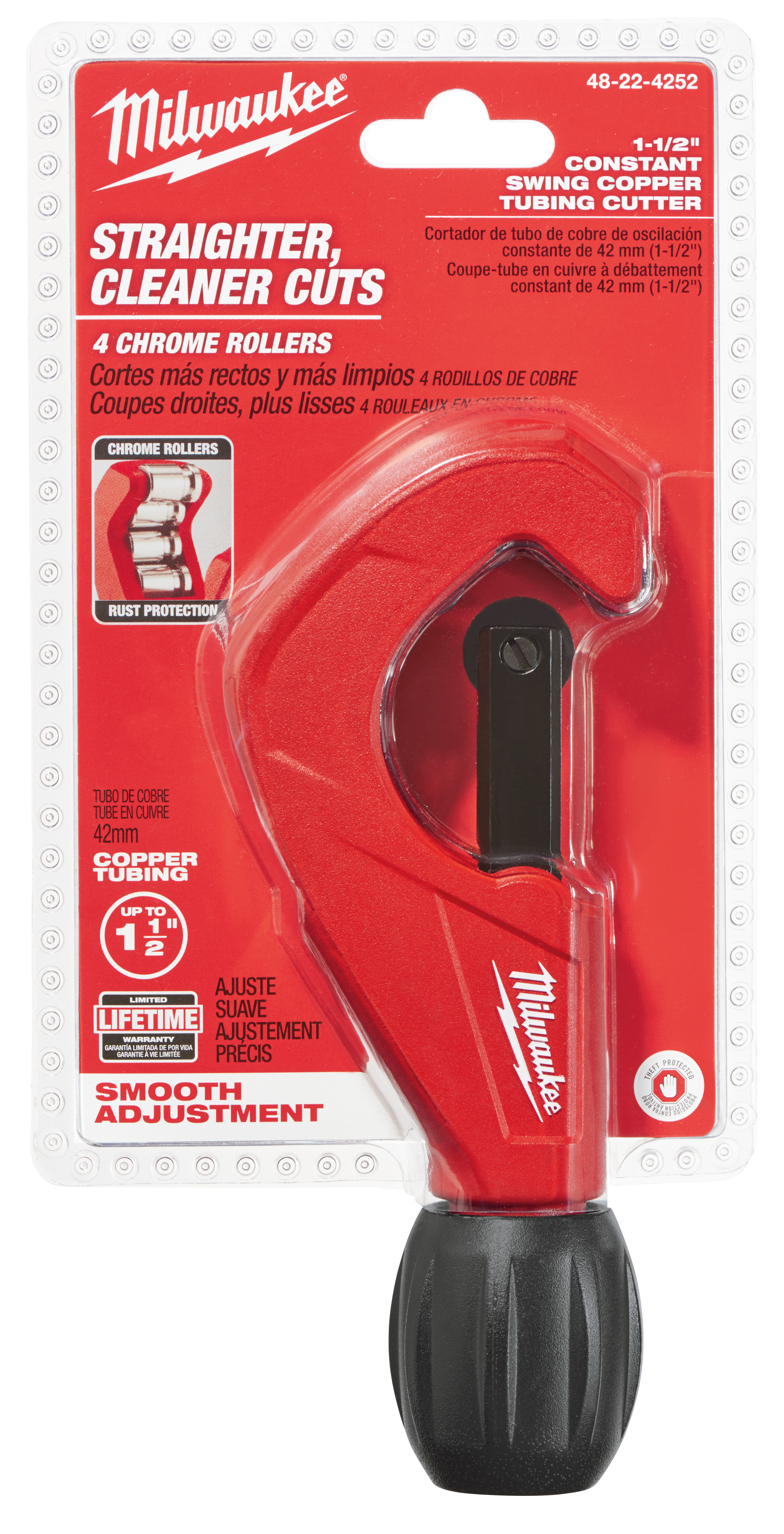 The Milwaukee® 1-1/2 in. constant swing copper tubing cutter is engineered for straighter, cleaner cuts. A 4 roller design delivers accurate cuts and prevents walking. For added durability and extended performance, chrome rollers provide best in class rust protection. An on-board reamer enables fast, easy deburring.