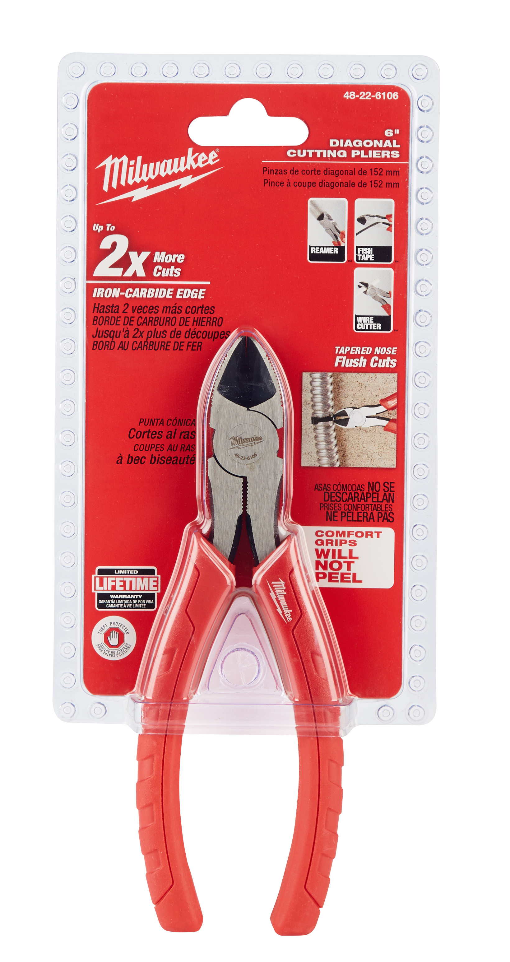 The Milwaukee® 6 in. diagonal cutting pliers feature iron Carbide edge hardened cutting edges for up to 2X more cuts and a tapered nose with flush cutting blades, which cut all the way to the tip. The pliers’ head features integrated reaming ridges (patent pending) for removing burrs from the inside of smooth pipe. For added functionality, the Milwaukee® 6 in. diagonal cutting pliers features an integrated fish tape puller. Milwaukee® pliers feature over-molded comfort grips, which will not peel under jobsite conditions. All Milwaukee® pliers are forged for strength and feature rust protection for long life.