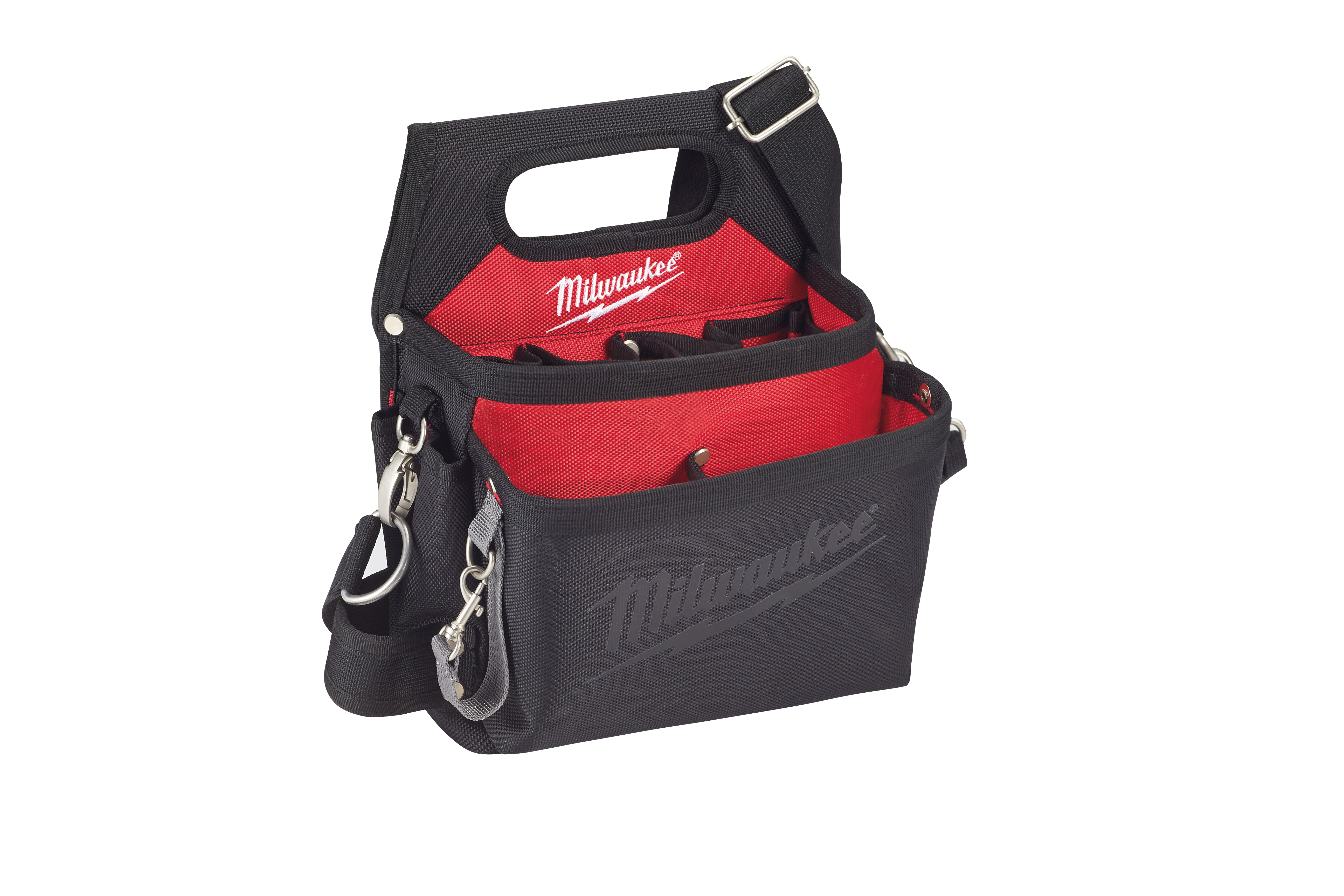48-22-8112 045242509157 Milwaukee work gear is nothing but heavy duty. Designed with professional tradesmen in mind and built with 1680 denier nylon, riveted seams, and all metal hardware, Milwaukee work gear is up to 5X more durable than competitive products and provides users with unmatched durability, comfort and organization. The electricians work pouch w/ quick adjust belt provides users with 15 pockets to organize their tools and incorporates a solid base that allows the bag to remain upright when set on a flat surface. The integrated handle allows the bag to be easily transported from and task to task and the metal tape measure clip securely stores a tape measure for easy access. A plastic lined puncture-resistant pocket allows users to store sharp objects, such as jab saws, without worry of damaging their bags.