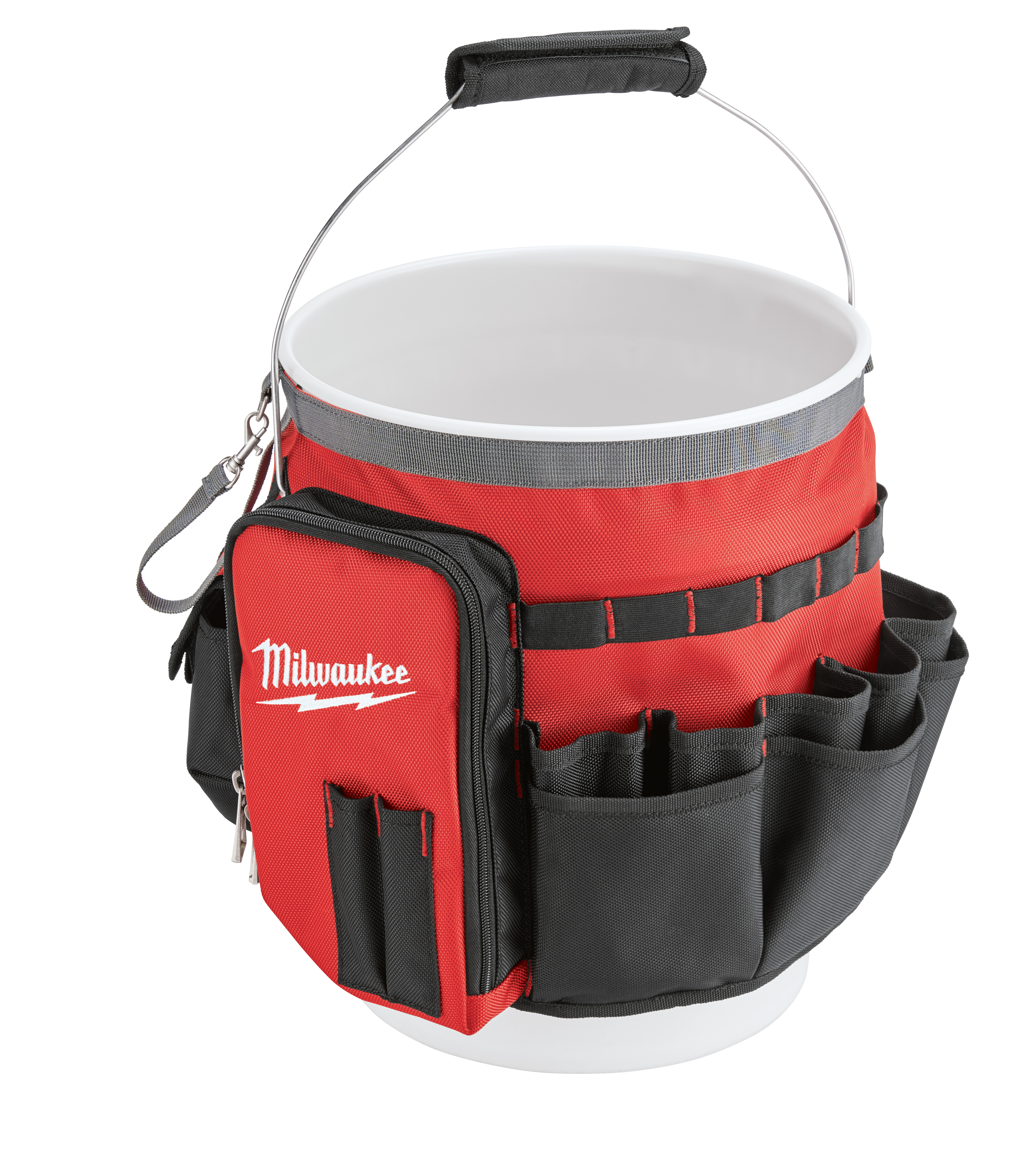 48-22-8175 045242479580 The Milwaukee bucket organizer wrap was designed to provide ultimate versatility and superior durability. Featuring an exterior wrap design, the bucket organizer allows for full use and access to, the interior of the bucket while providing 30 exterior pockets and 2 large zipper pockets for ultimate organization. Built with tear resistant 1680D ballistic material, the Milwaukee bucket organizer wrap provides the extreme durability and functionality that confirms Milwaukee's commitment to providing innovative, durable storage solutions.