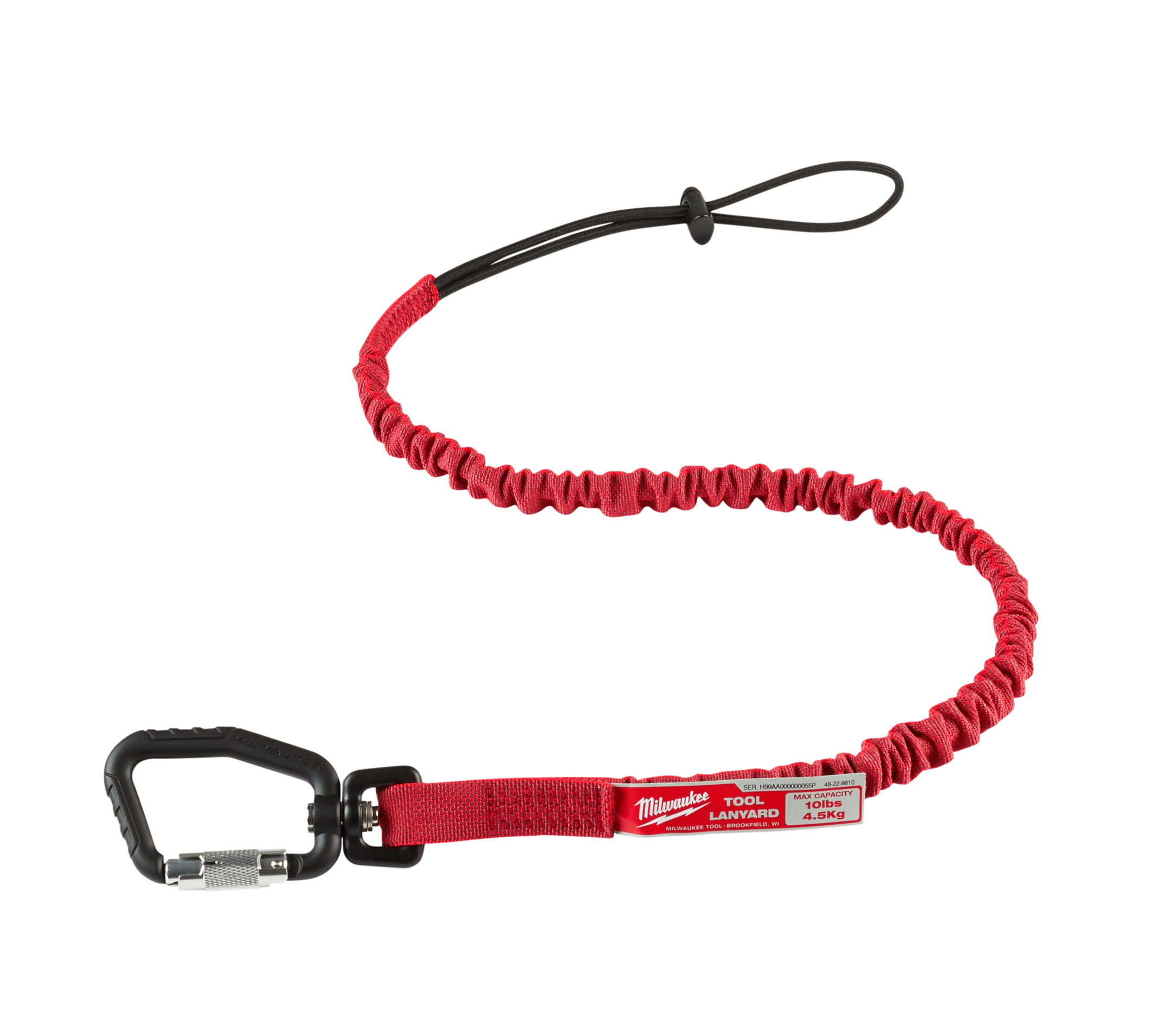48-22-8810 045242505623 Milwaukee® 10 lb. Locking tool lanyard helps users stay safe and stay productive while working at heights by reducing the risks associated with dropped tools. The lanyard body is engineered to provide the best shock absorption, slowing the tool gradually if a drop occurs. Locking carabiners require double actions to open, ensuring a secure connection. Integrated swiveling carabiner reduces twists when using tools. The red color coded lanyard allows the user to easily identify the lanyard's weight rating. For use with tools up to ten pounds.