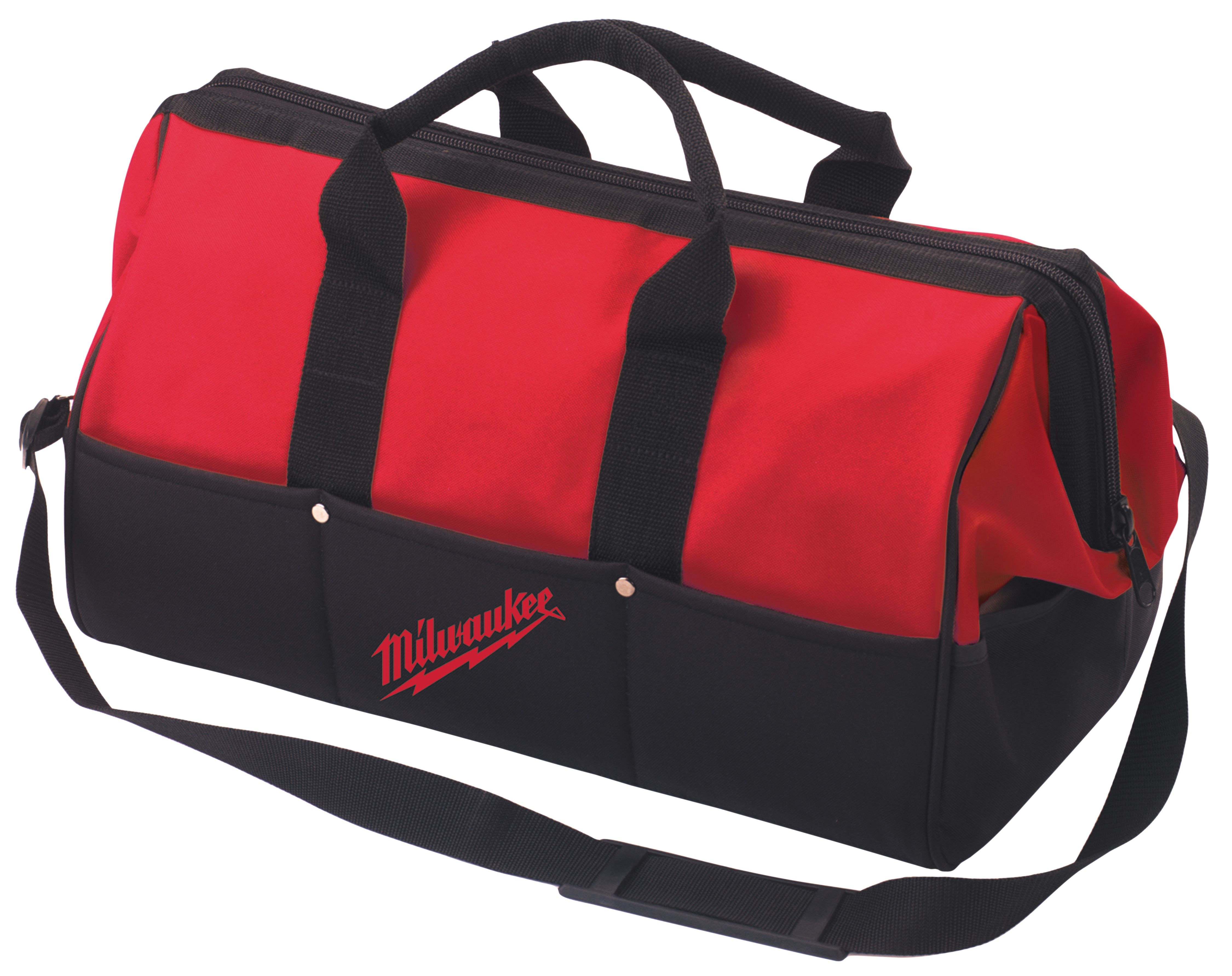 Soft side contractor bag made of tough water resistant 600 denier material. Provides extra storage for job site tools and accessories. Shoulder strap or dual handle straps for easy carrying. Durable zipper closure. 24-1/2 in. long by 13 in. wide by 14 in. high.