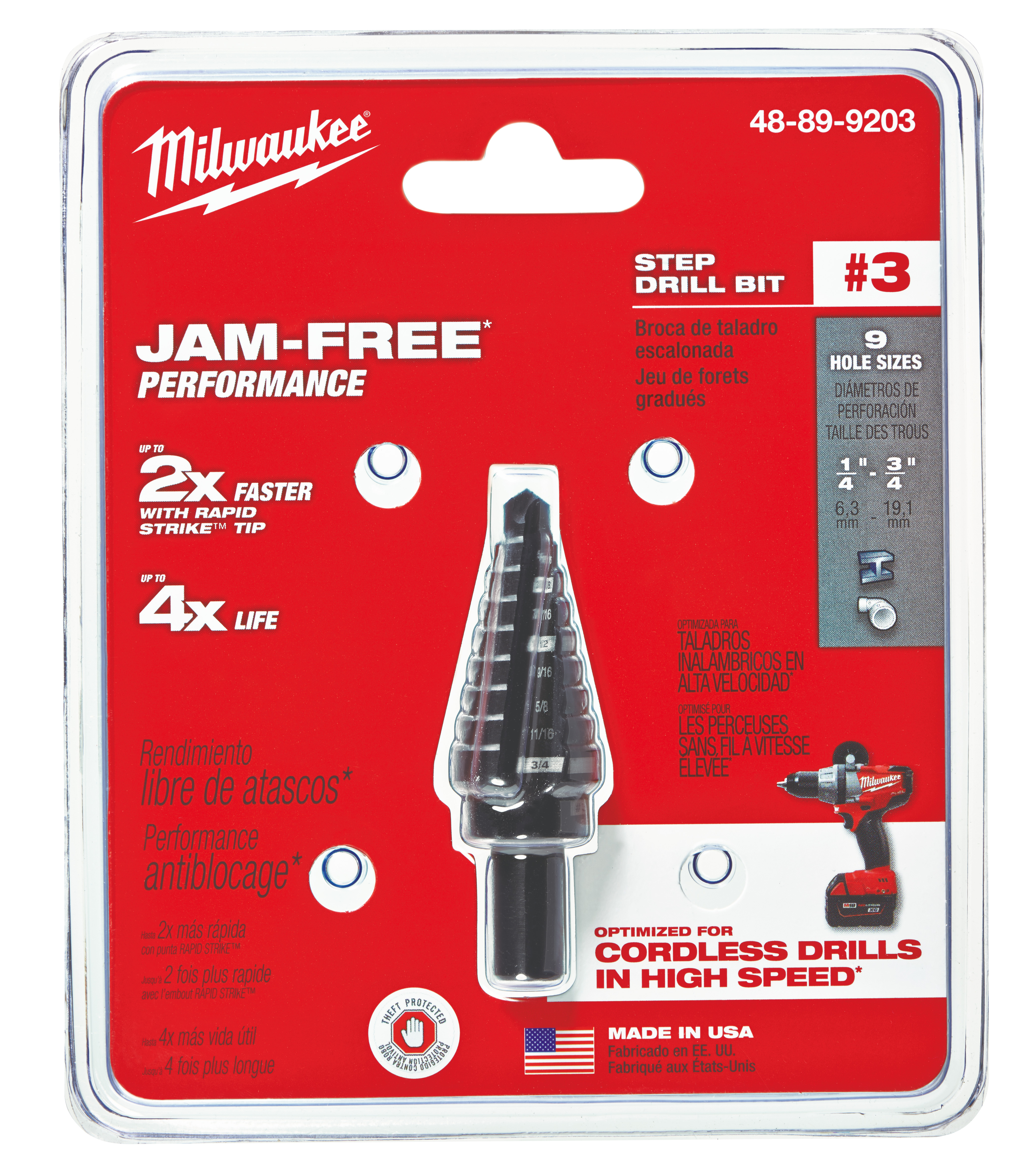 Milwaukee® step drill bits with jam-free performance feature a dual-flute design delivering up to 2X faster hole times, up to 4X longer life and up to 50% more holes per battery charge than competitors. Ideal for drilling small and large-diameter holes in steel and plastic, these bits are optimized for cordless drills in high speed. The Rapid Strike™ tip allows for a fast and accurate start that generates less heat, resulting in longer bit tip life. Black oxide coating also enhances durability, hole quality and bit life. For user convenience and accuracy, each bit has laser-engraved reference marks you can see while drilling. The 3-flat Secure-Grip™ shank ensures a solid connection with the drill chuck. The #3 step drill bit has 9 hole sizes in 1/16 in. increments ranging from 1/4 in. to 3/4 in. jam-free performance in high speed with most professional 18 Volt cordless drills with lithium-ion battery technology.