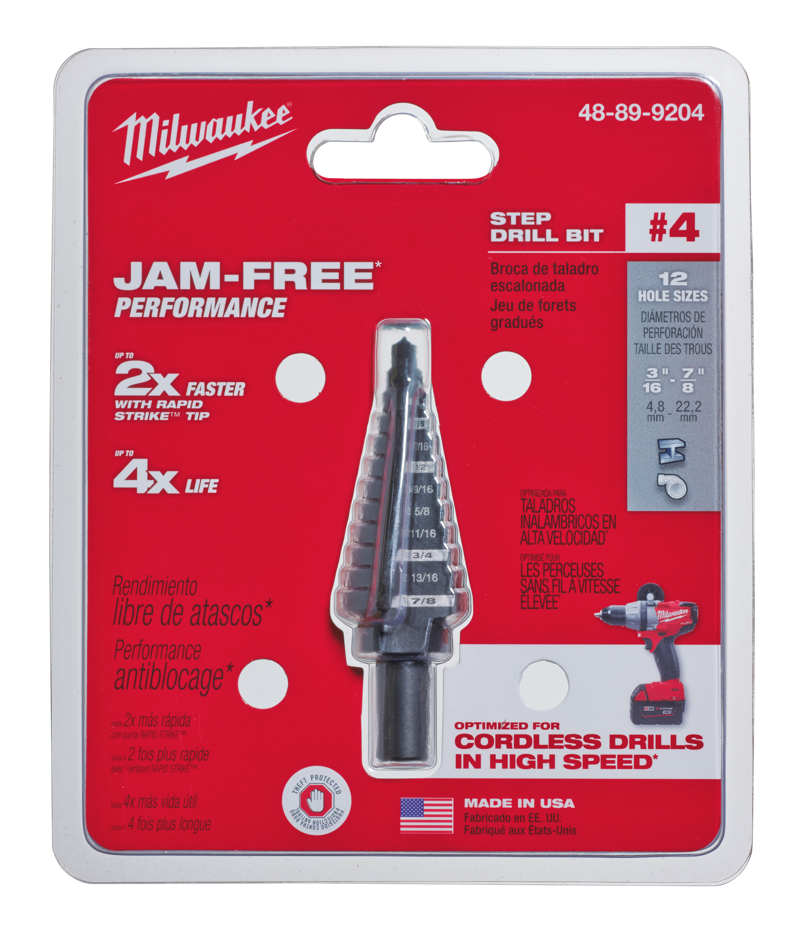 Milwaukee® step drill bits with jam-free performance feature a dual-flute design delivering up to 2X faster hole times, up to 4X longer life and up to 50% more holes per battery charge than the competition. Ideal for drilling large and small-diameter holes in steel and plastic, these bits are optimized for cordless drills in high speed. The Rapid Strike™ tip allows for fast, accurate starts that generate less heat, resulting in longer bit tip life. Black oxide coating also enhances durability, hole quality and bit life. For user convenience and accuracy, each bit has laser-engraved reference marks you can see while drilling. The 3-flat Secure-Grip™ shank ensures a solid connection with the drill chuck. The #4 step drill bit has 12 hole sizes in 1/16 in. increments ranging from 3/16 in. to 7/8 in.. jam-free performance in high speed with most professional 18 Volt cordless drills with lithium-ion battery technology.